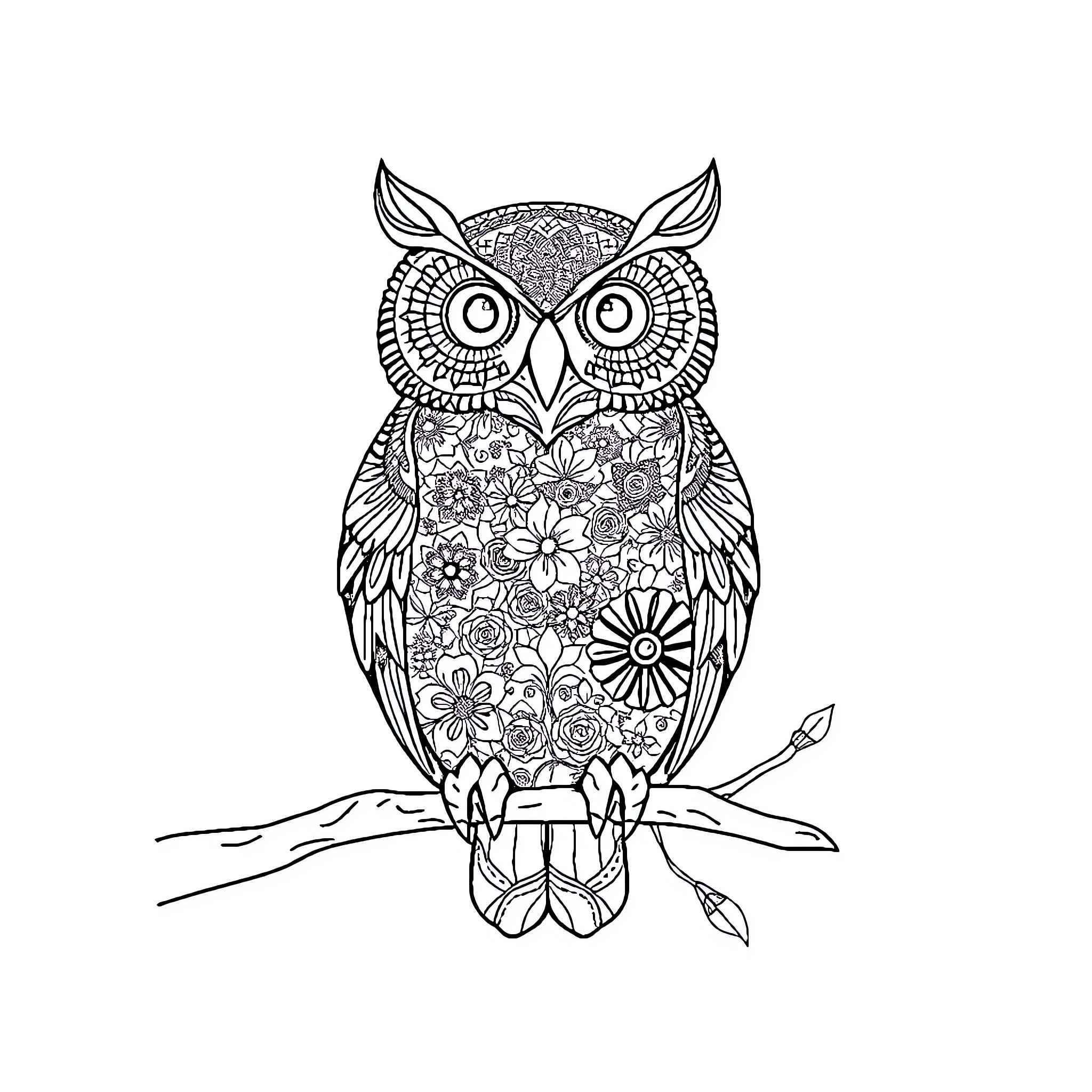 Owl adorned with intricate floral patterns Coloring Page (free black-and-white line drawing printable PDF for all, from beginners to advanced learners, including children, teens, adults, and seniors)