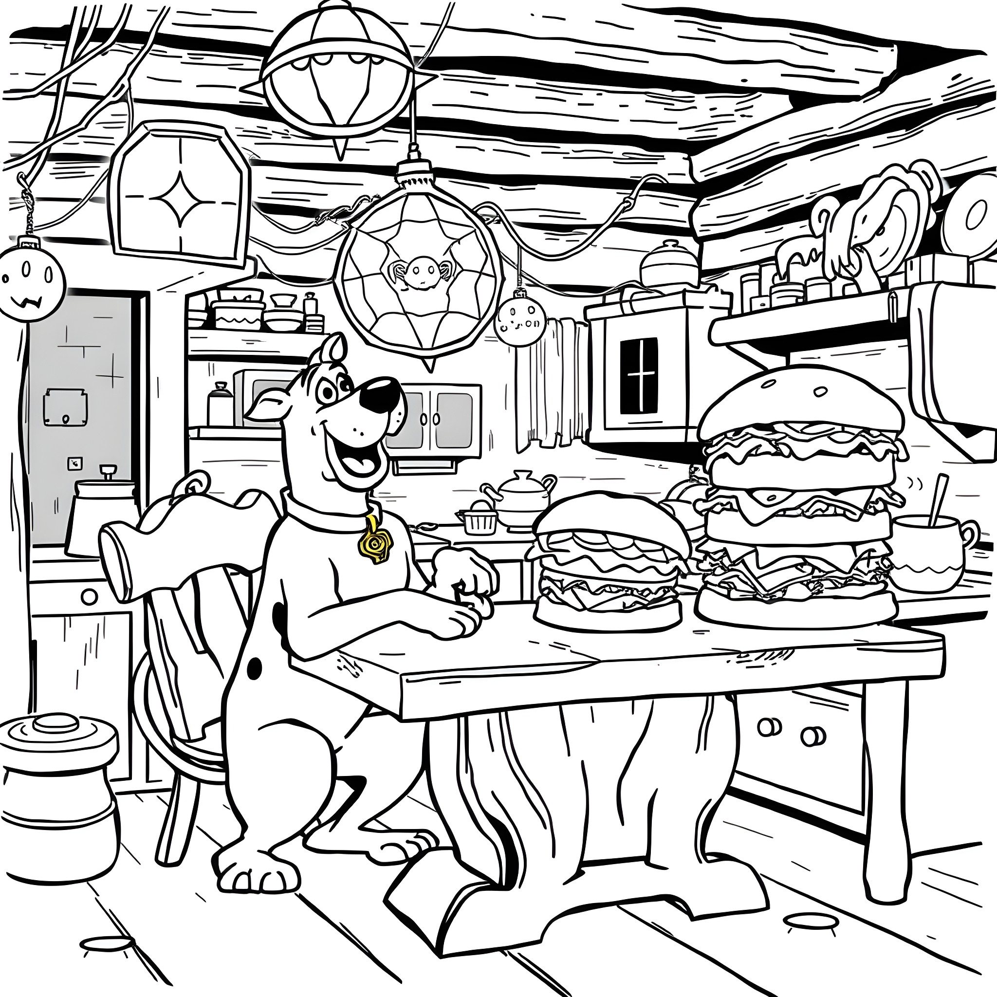 Scooby Doo enjoying a hearty snack in his kitchen Coloring Page (free black-and-white line drawing printable PDF for all, from beginners to advanced learners, including children, teens, adults, and seniors)