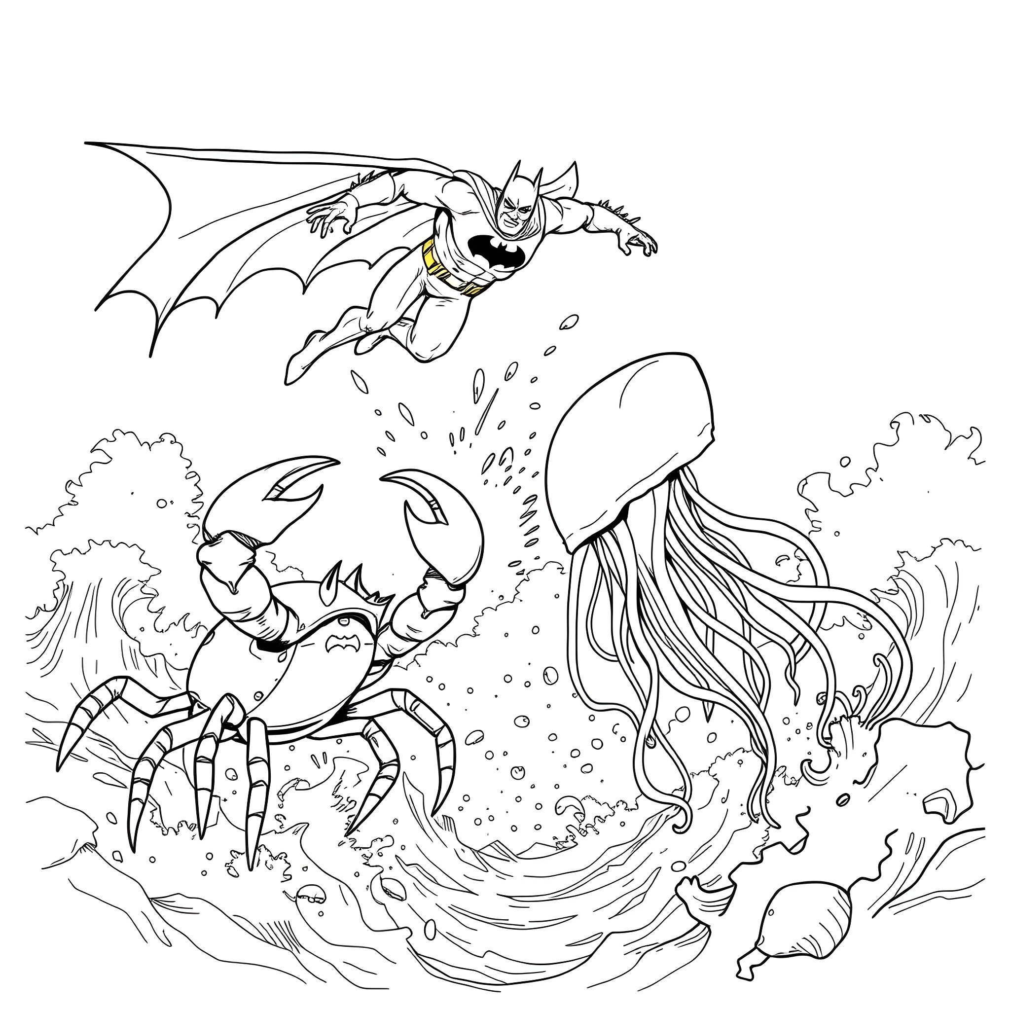 Crabman battles a giant jellyfish in the ocean Coloring Page (free black-and-white line drawing printable PDF for all, from beginners to advanced learners, including children, teens, adults, and seniors)
