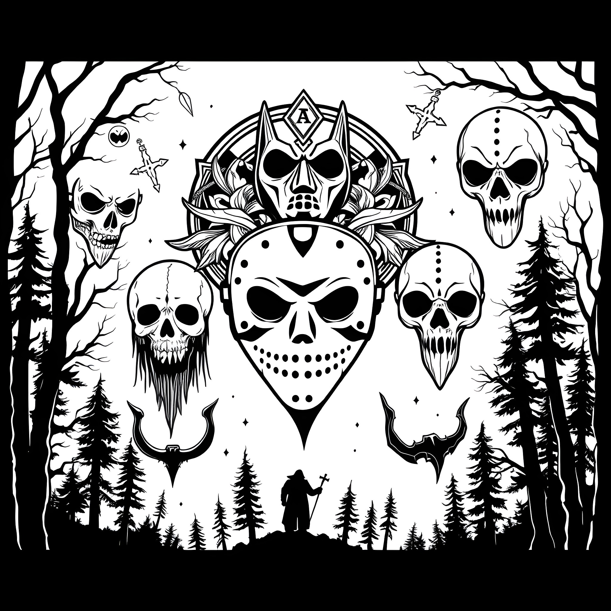 Tattoo Skulls and Cryptic Symbols in Dark Forest Coloring Page (free black-and-white line drawing printable PDF for all, from beginners to advanced learners, including children, teens, adults, and seniors)