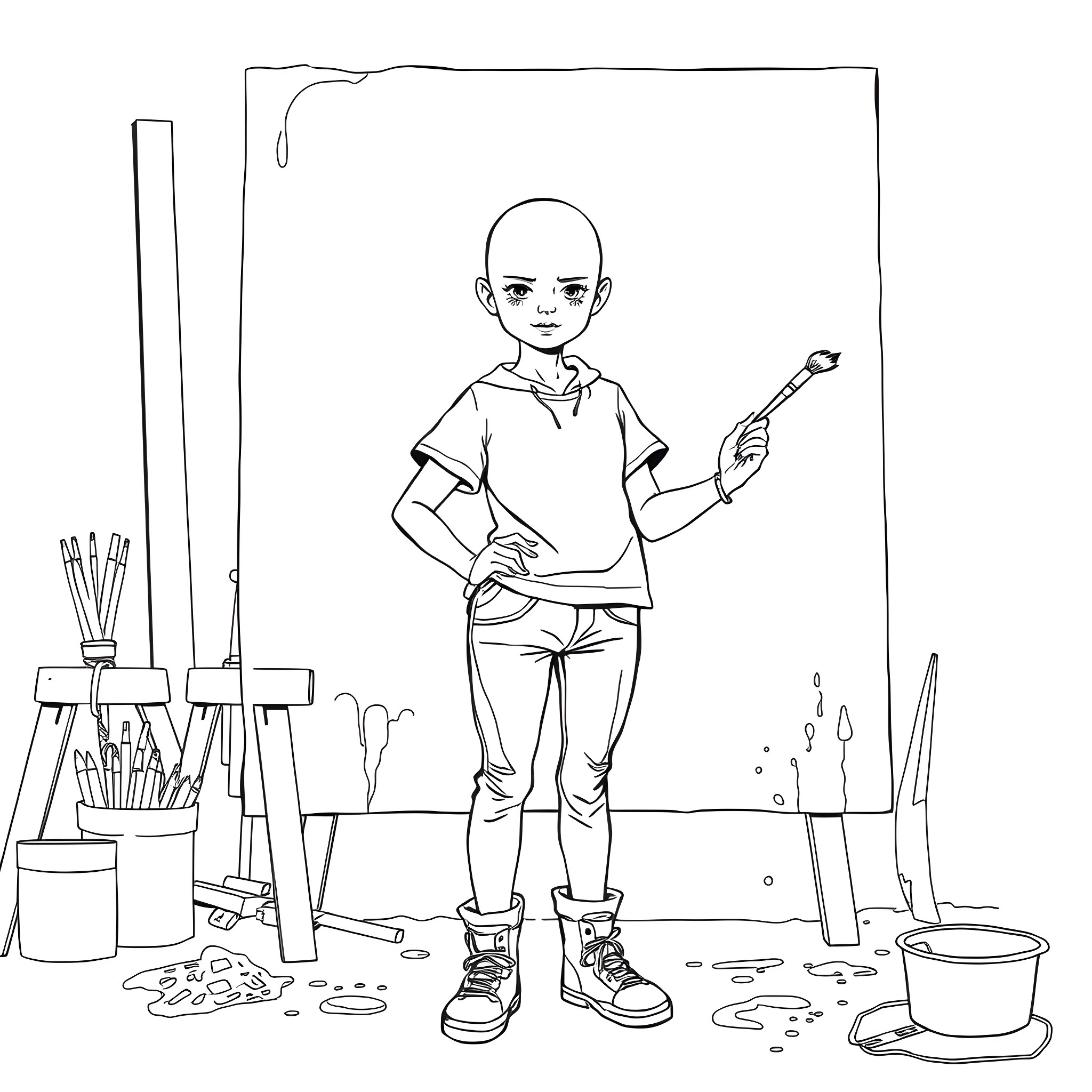 Girl standing in art studio with painting supplies Coloring Page (free black-and-white line drawing printable PDF for all, from beginners to advanced learners, including children, teens, adults, and seniors)