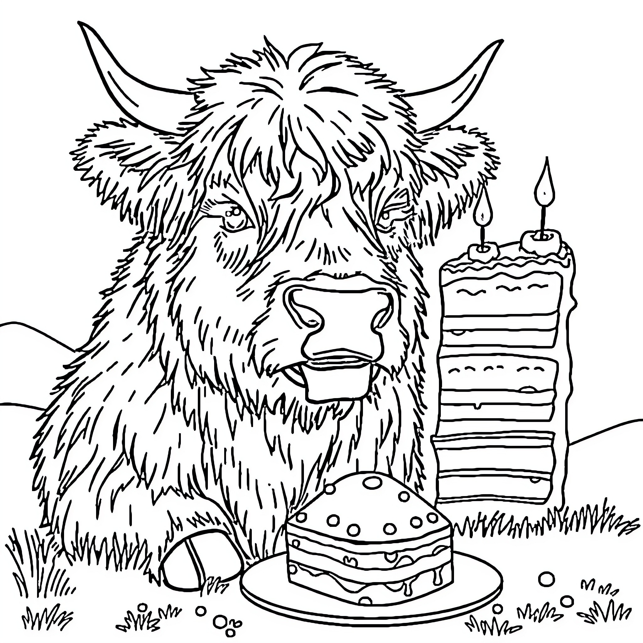 Highland Cow celebrating with cake and candles Coloring Page (free black-and-white line drawing printable PDF for all, from beginners to advanced learners, including children, teens, adults, and seniors)