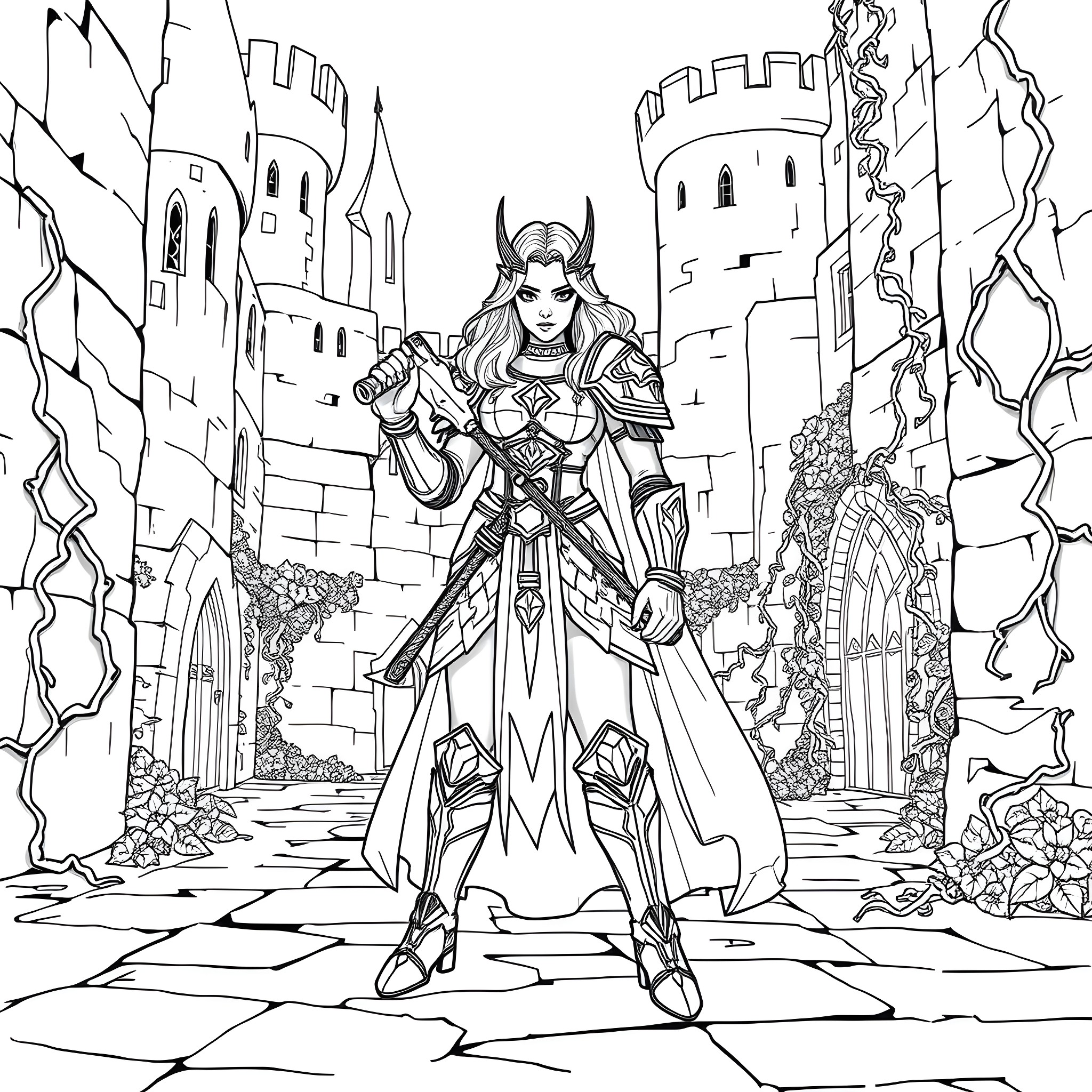 Punisher Warrior Queen Stands Tall in Majestic Castle Ruins Coloring Page (free black-and-white line drawing printable PDF for all, from beginners to advanced learners, including children, teens, adults, and seniors)