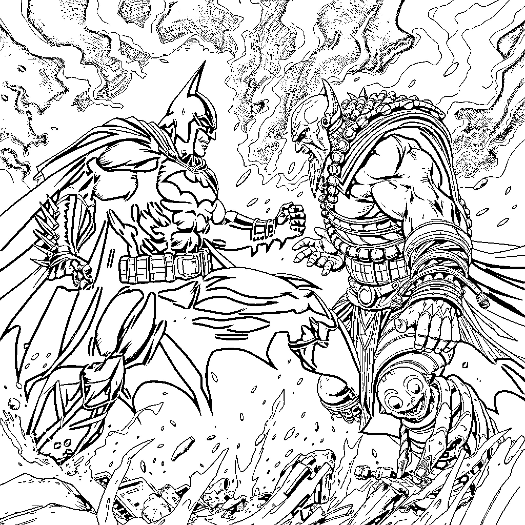 Batman vs. Fearsome Adversary in Epic Showdown Coloring Page (free black-and-white line drawing printable PDF for all, from beginners to advanced learners, including children, teens, adults, and seniors)