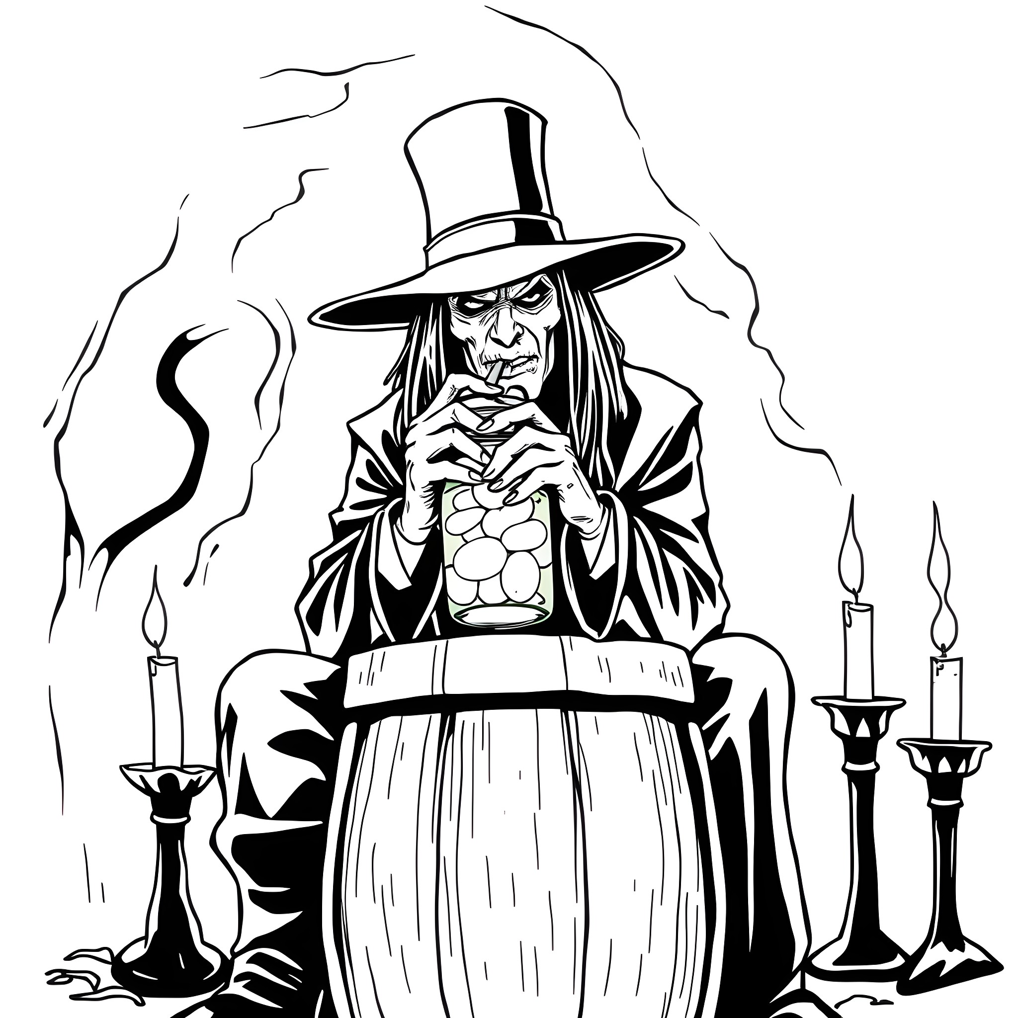 Undertaker presiding over a dark ritual with candles Coloring Page (free black-and-white line drawing printable PDF for all, from beginners to advanced learners, including children, teens, adults, and seniors)