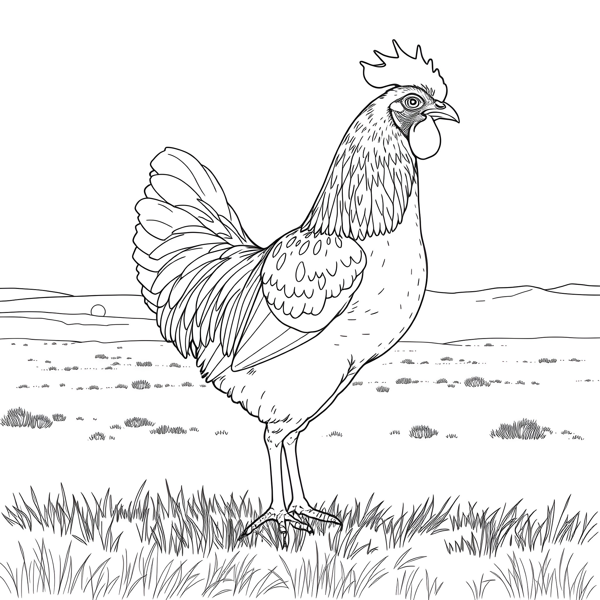 Hen standing proudly in a grassy field Coloring Page (free black-and-white line drawing printable PDF for all, from beginners to advanced learners, including children, teens, adults, and seniors)