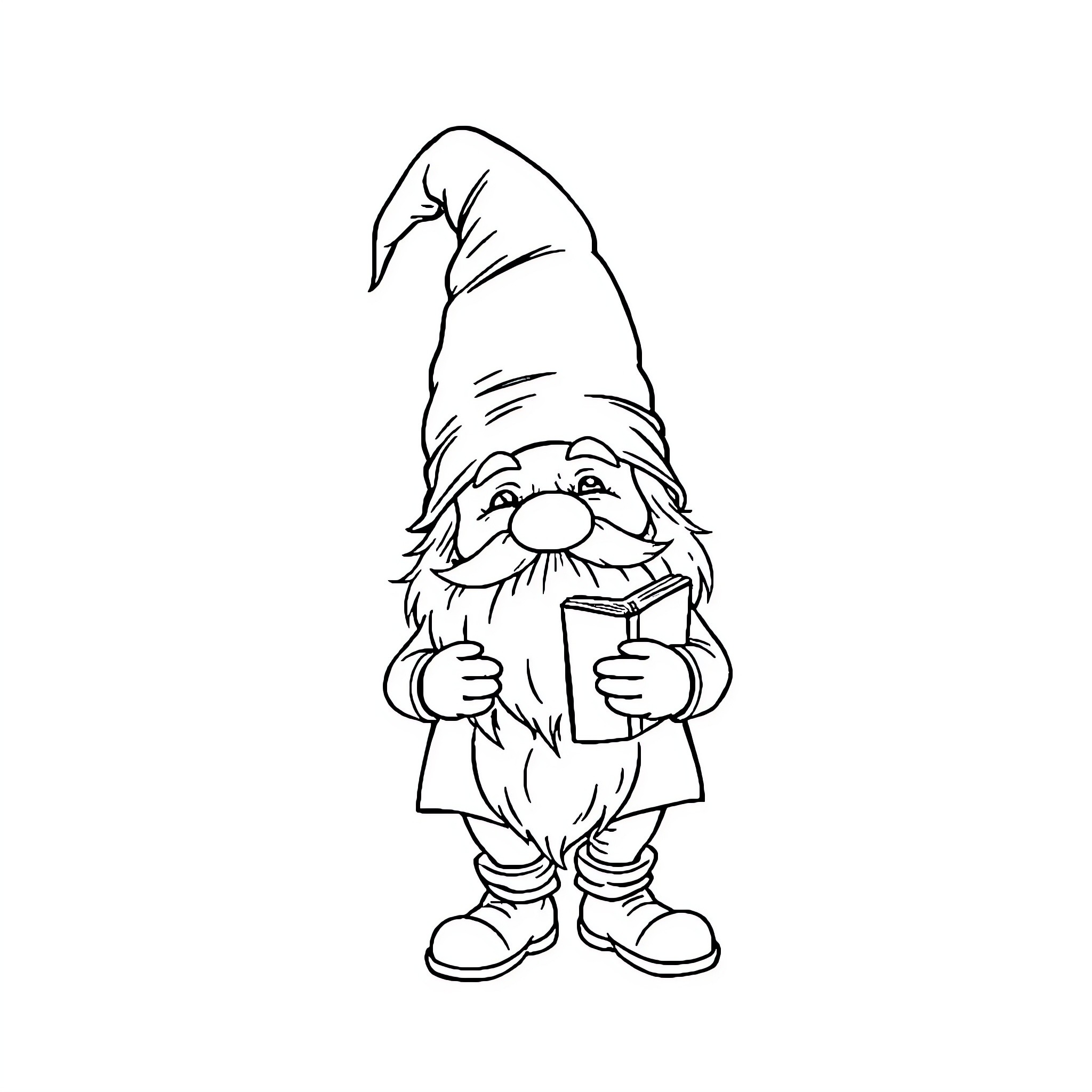 Gnome holding a book and smiling happily Coloring Page (free black-and-white line drawing printable PDF for all, from beginners to advanced learners, including children, teens, adults, and seniors)