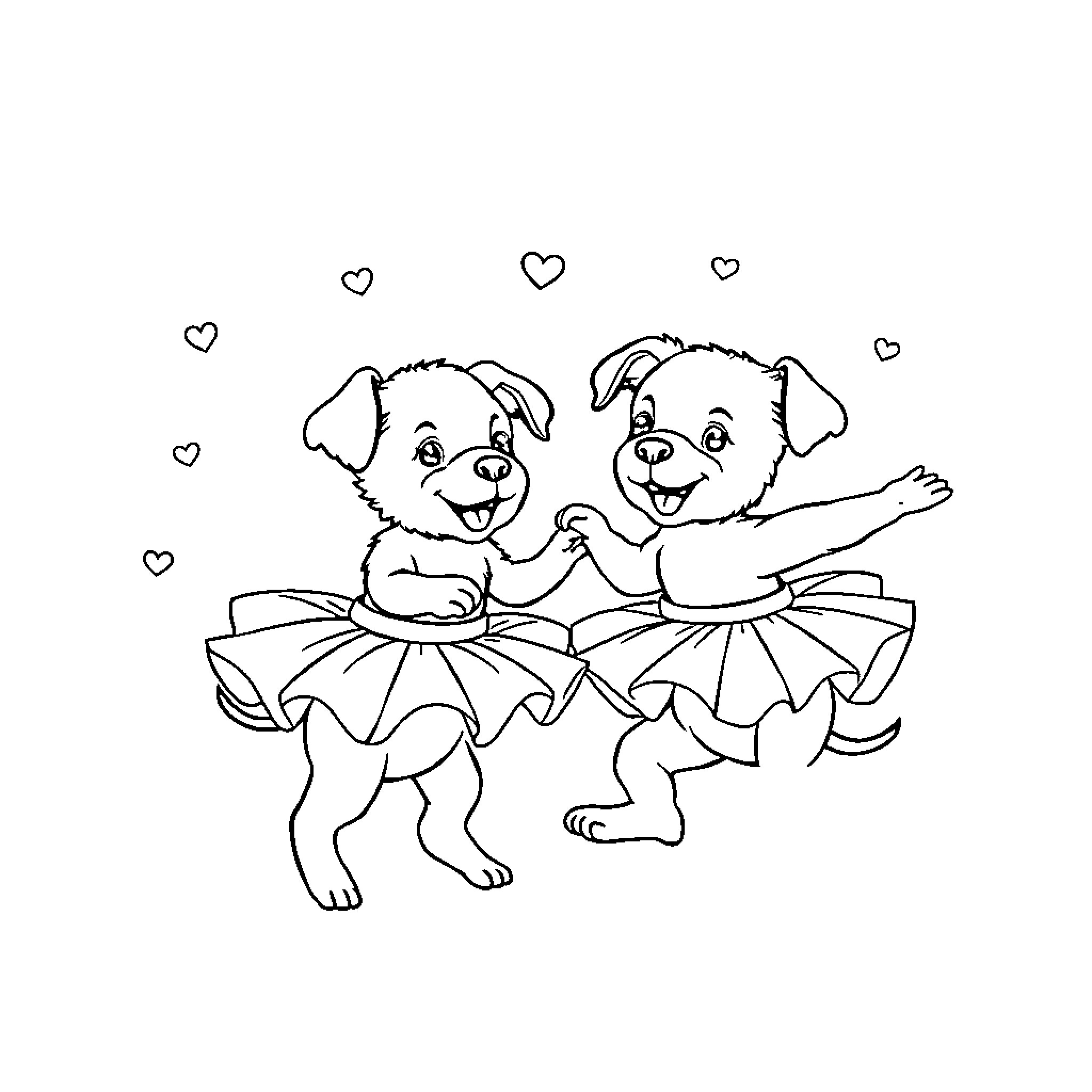 Puppy friends dancing together happily Coloring Page (free black-and-white line drawing printable PDF for all, from beginners to advanced learners, including children, teens, adults, and seniors)