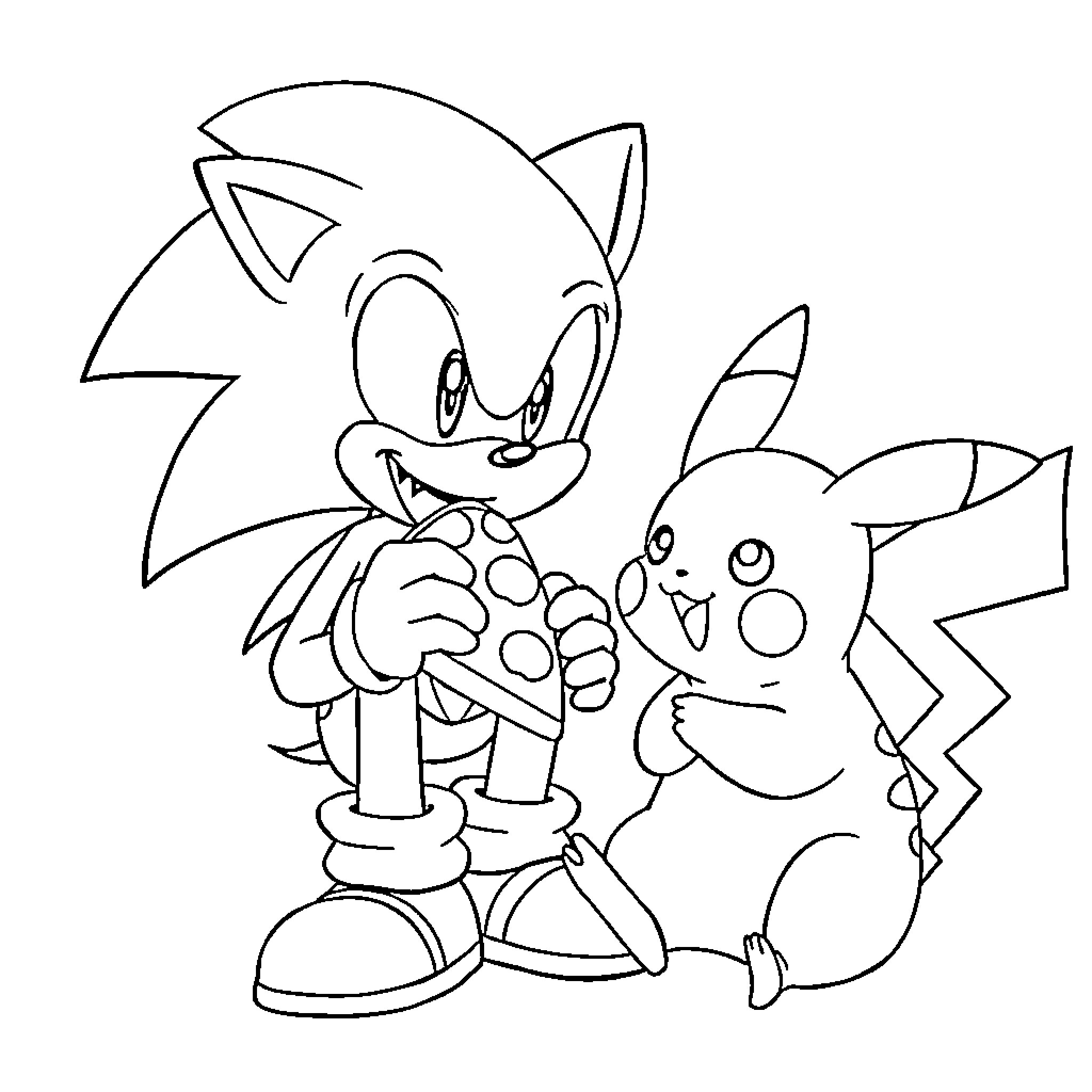 Sonic interacts with Pikachu in a friendly manner Coloring Page (free black-and-white line drawing printable PDF for all, from beginners to advanced learners, including children, teens, adults, and seniors)