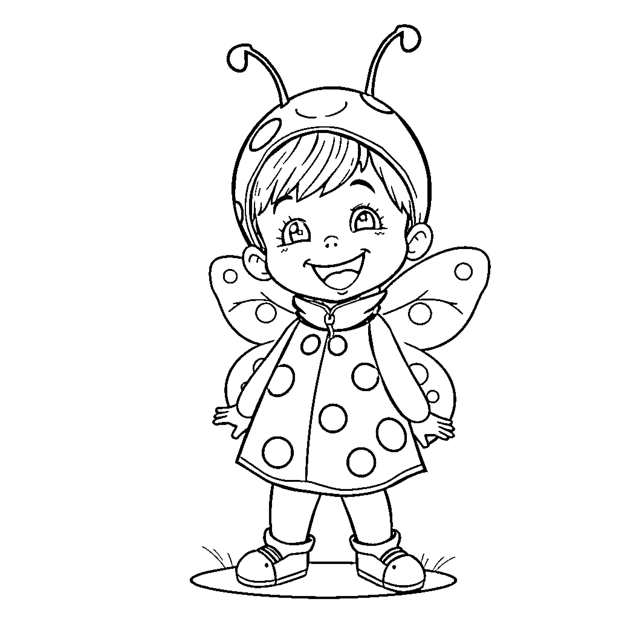 Girl dressed as a happy ladybug Coloring Page (free black-and-white line drawing printable PDF for all, from beginners to advanced learners, including children, teens, adults, and seniors)