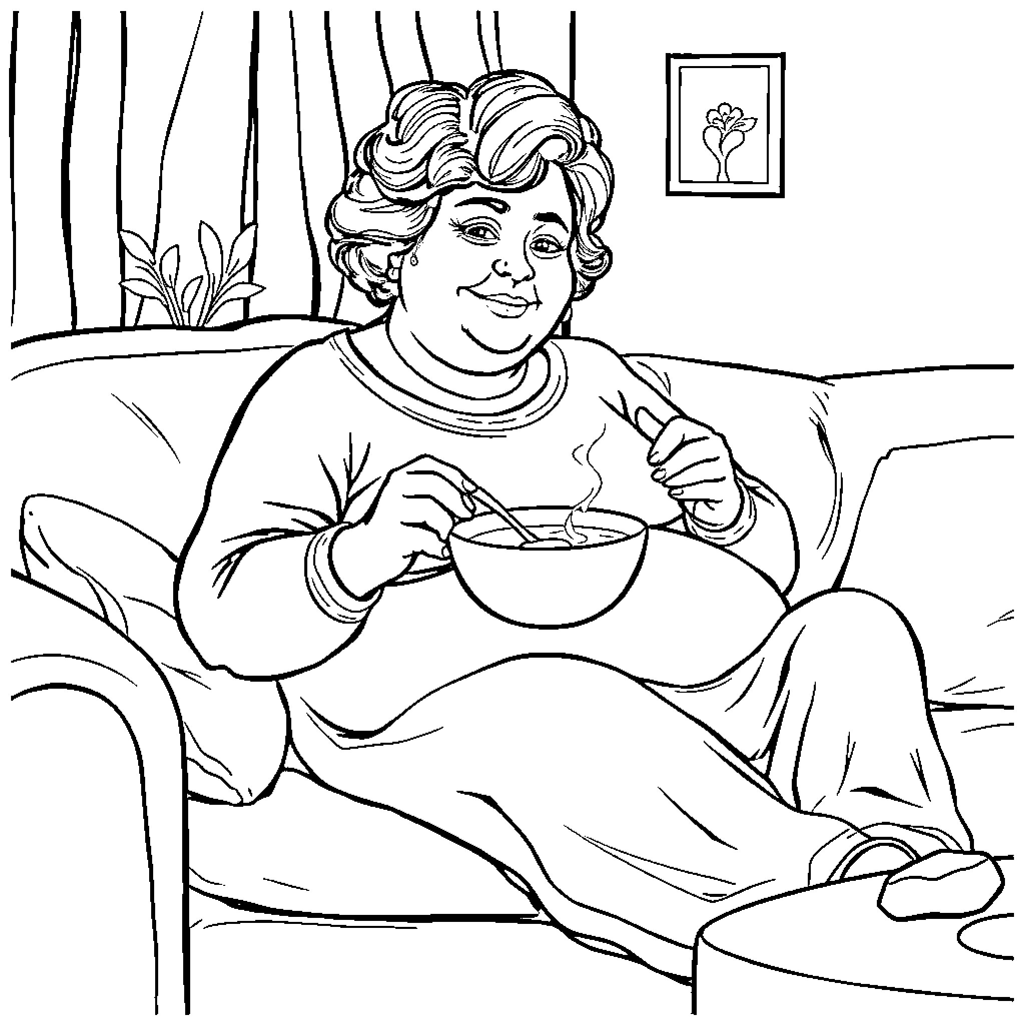 Mom Enjoying a Cozy Meal at Home Coloring Page (free black-and-white line drawing printable PDF for all, from beginners to advanced learners, including children, teens, adults, and seniors)