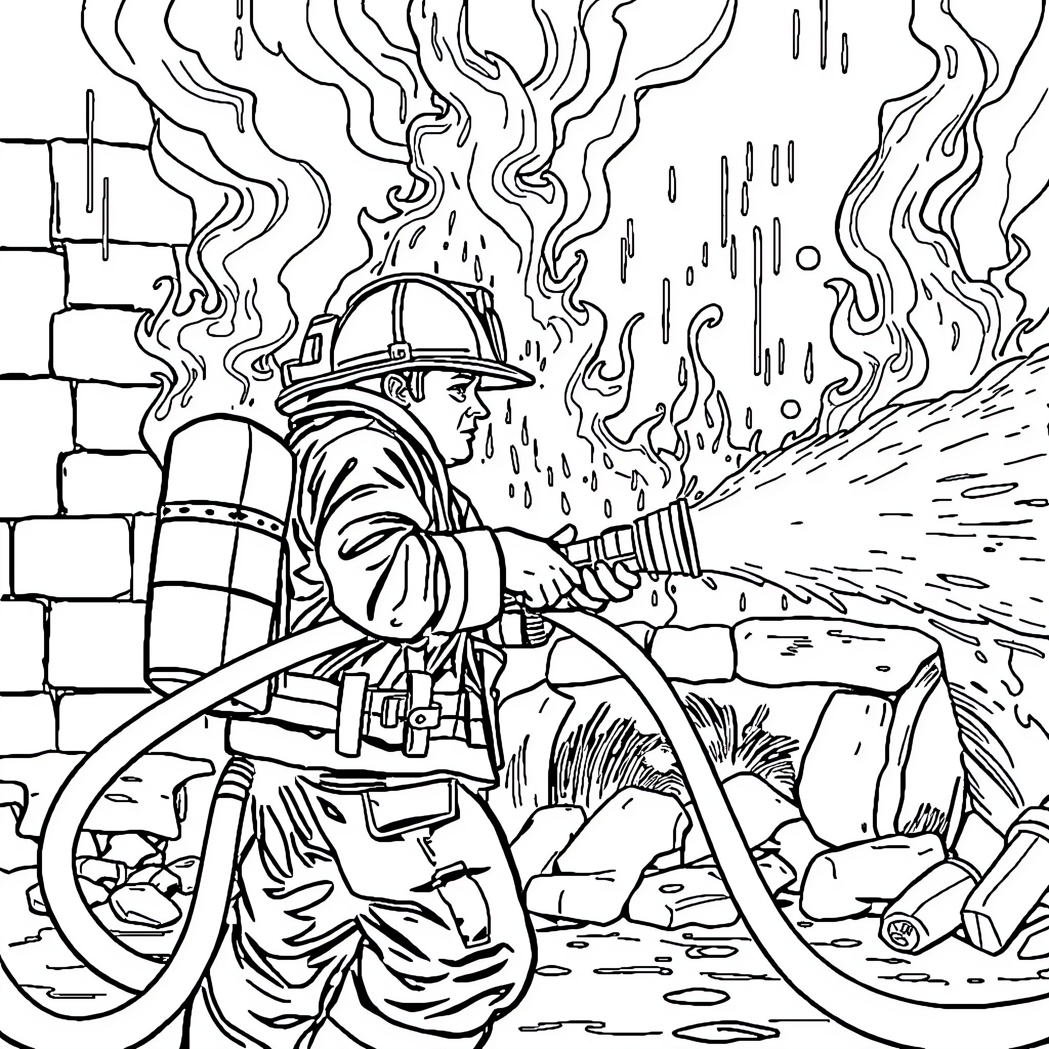 Fireman battling blaze in dangerous conditions Coloring Page (free black-and-white line drawing printable PDF for all, from beginners to advanced learners, including children, teens, adults, and seniors)