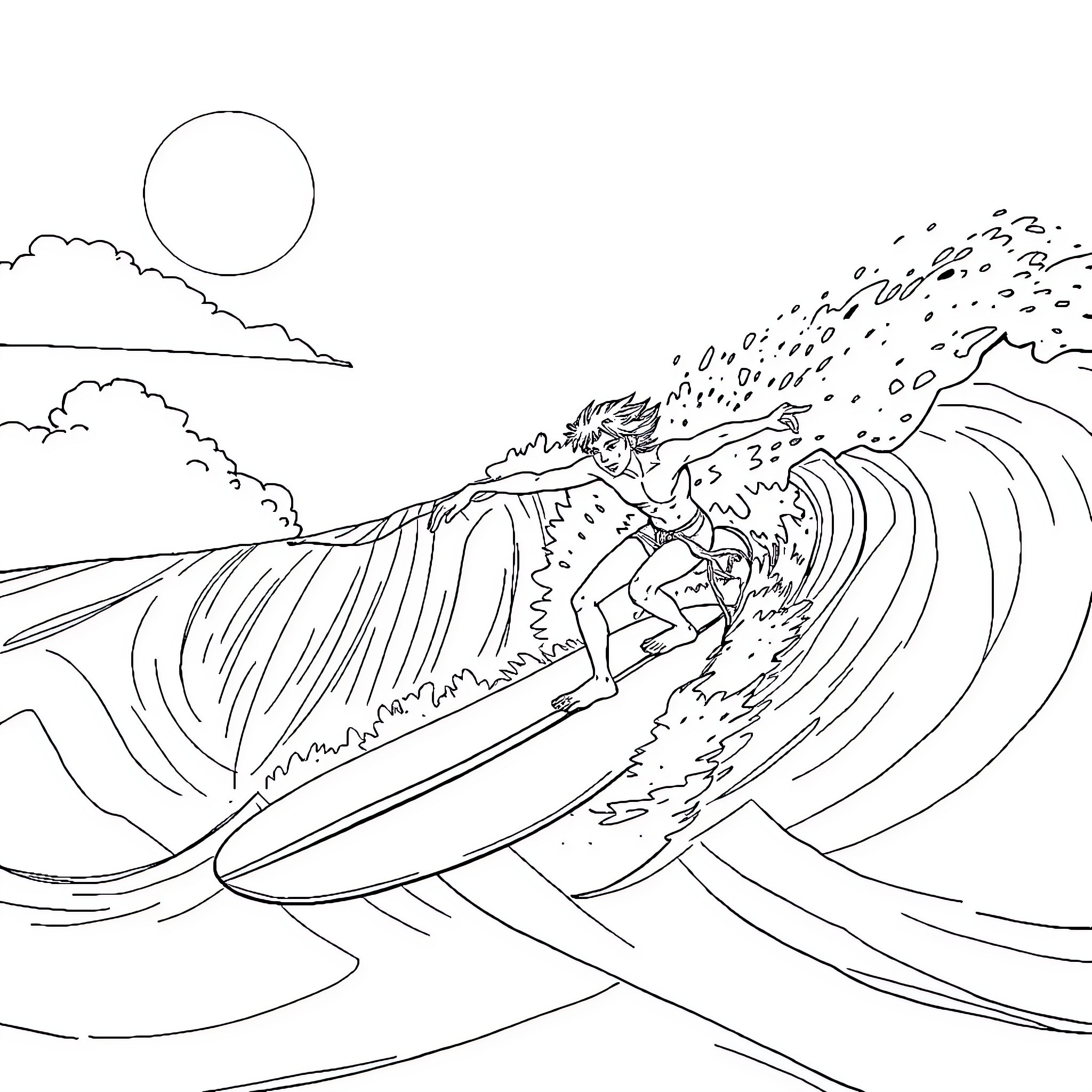 Tarzan surfing the mighty waves Coloring Page (free black-and-white line drawing printable PDF for all, from beginners to advanced learners, including children, teens, adults, and seniors)