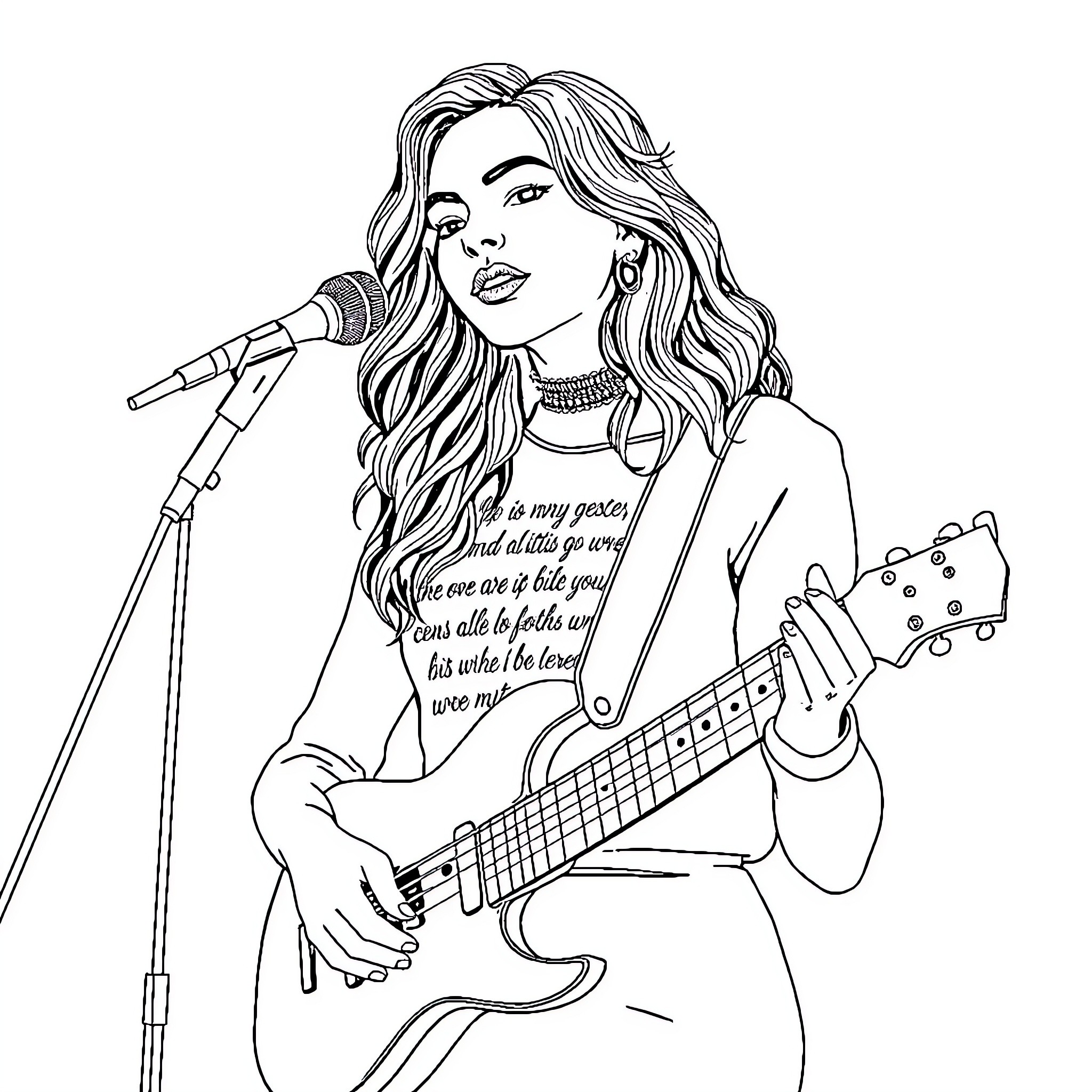 Olivia Rodrigo performing on stage with guitar Coloring Page (free black-and-white line drawing printable PDF for all, from beginners to advanced learners, including children, teens, adults, and seniors)