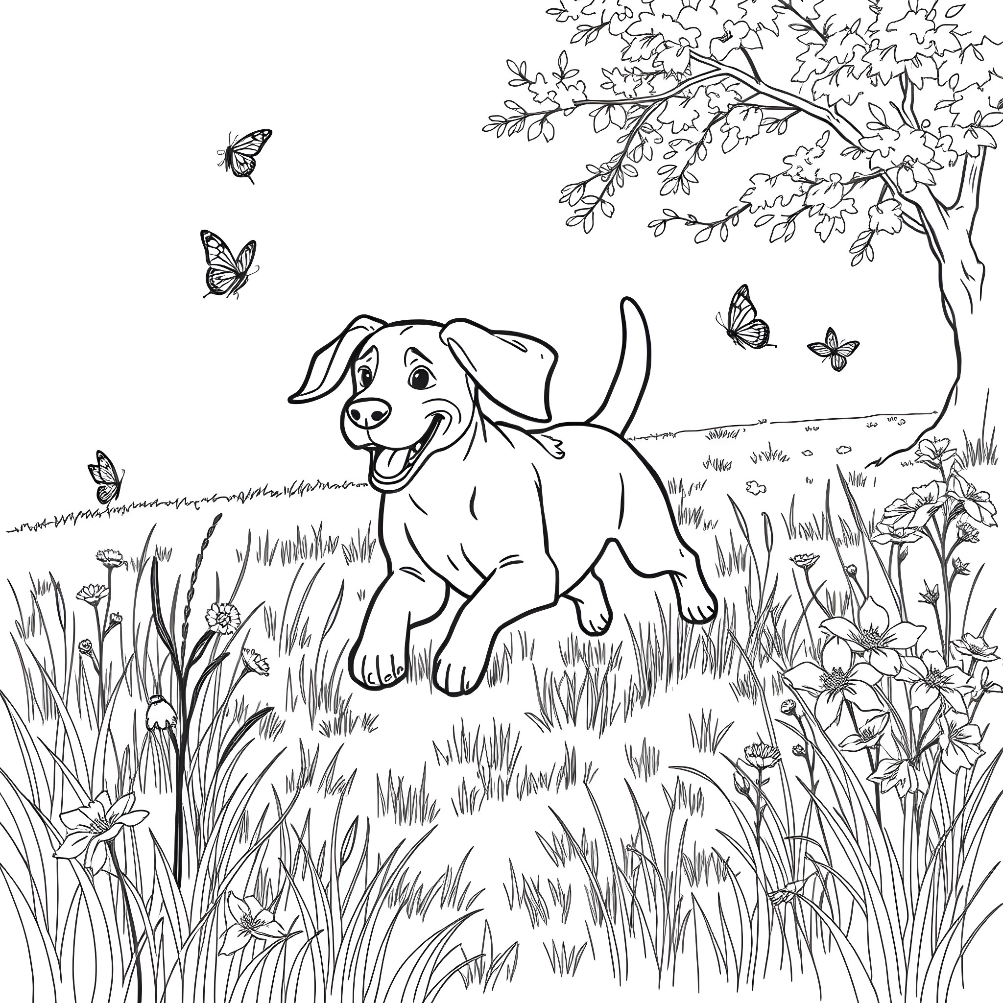 Beagle chasing butterflies in nature Coloring Page (free black-and-white line drawing printable PDF for all, from beginners to advanced learners, including children, teens, adults, and seniors)