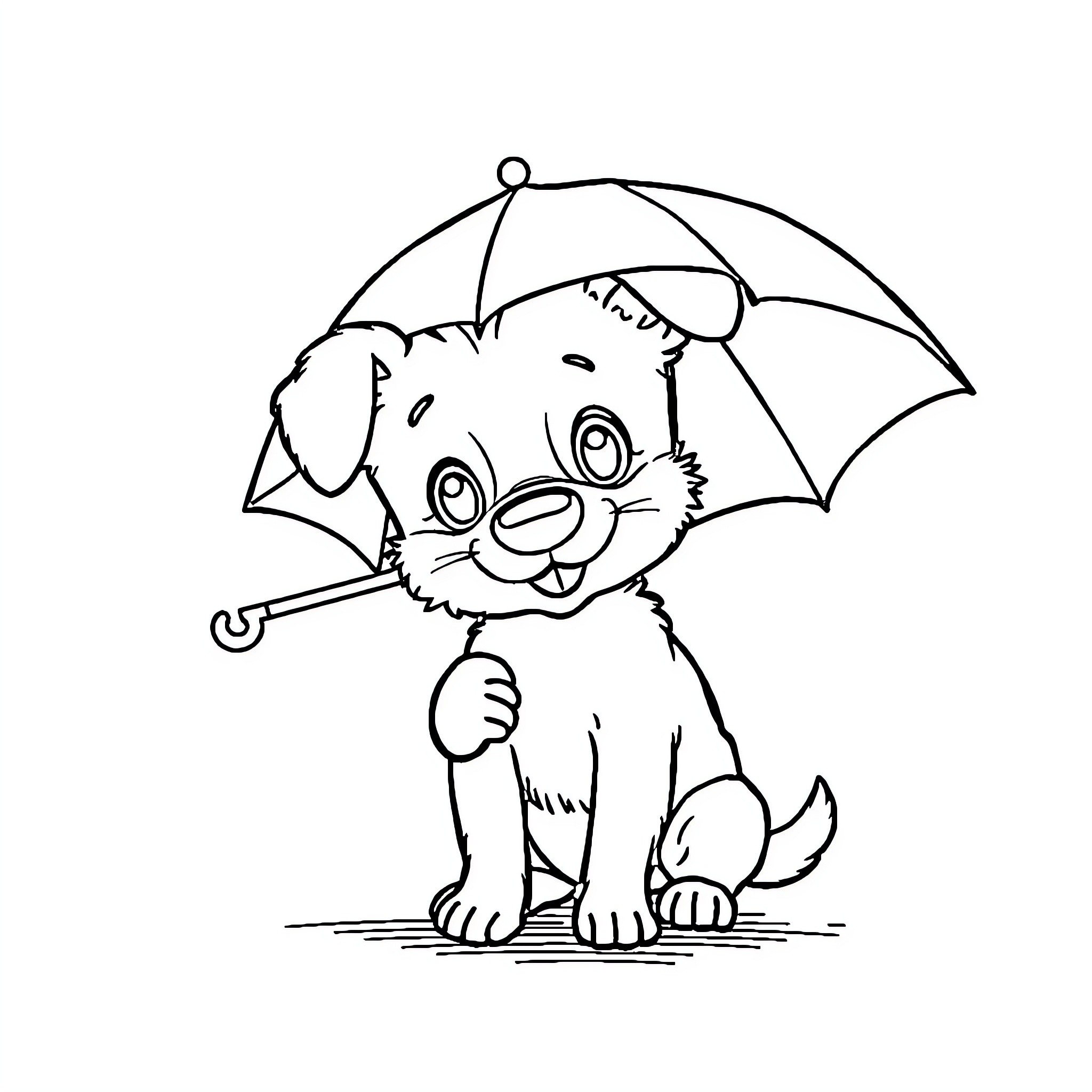Dog playing with umbrella in the rain Coloring Page (free black-and-white line drawing printable PDF for all, from beginners to advanced learners, including children, teens, adults, and seniors)