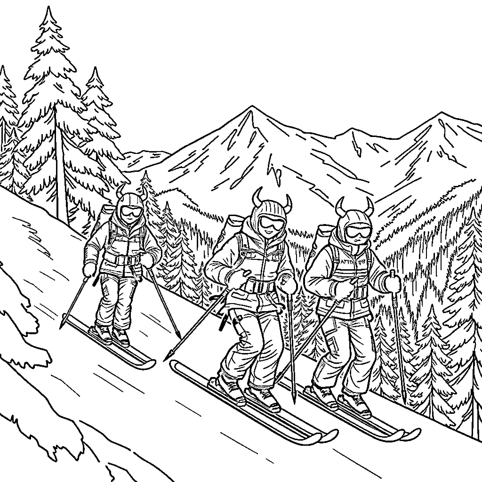 Demon Hunters Ski Down Snowy Mountain Coloring Page (free black-and-white line drawing printable PDF for all, from beginners to advanced learners, including children, teens, adults, and seniors)