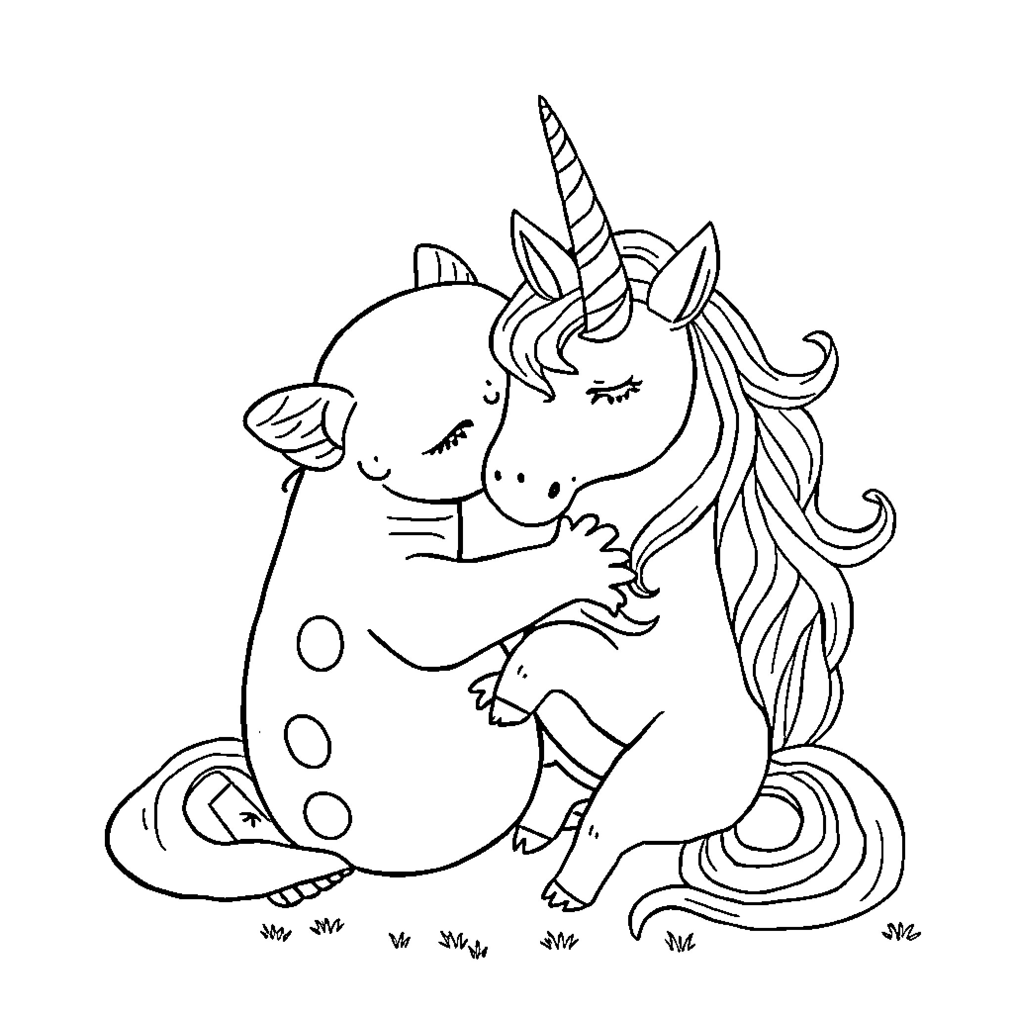 Axolotl unicorn resting on the grass Coloring Page (free black-and-white line drawing printable PDF for all, from beginners to advanced learners, including children, teens, adults, and seniors)
