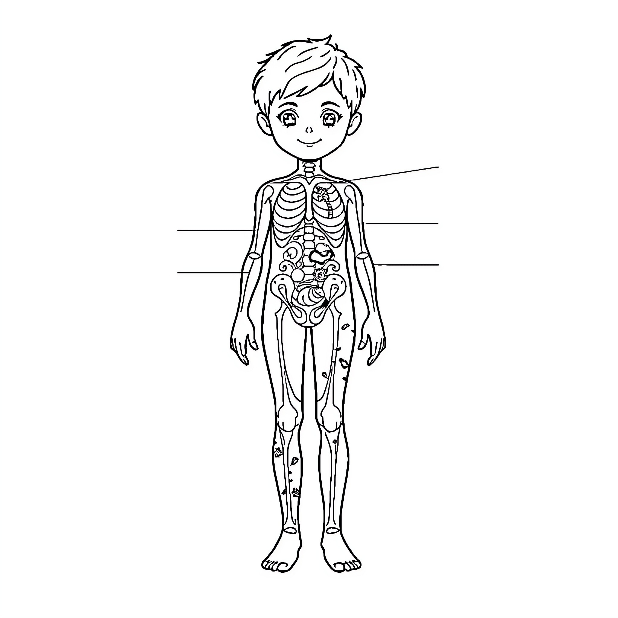 Body Parts Anatomy Diagram of Young Boy Coloring Page (free black-and-white line drawing printable PDF for all, from beginners to advanced learners, including children, teens, adults, and seniors)