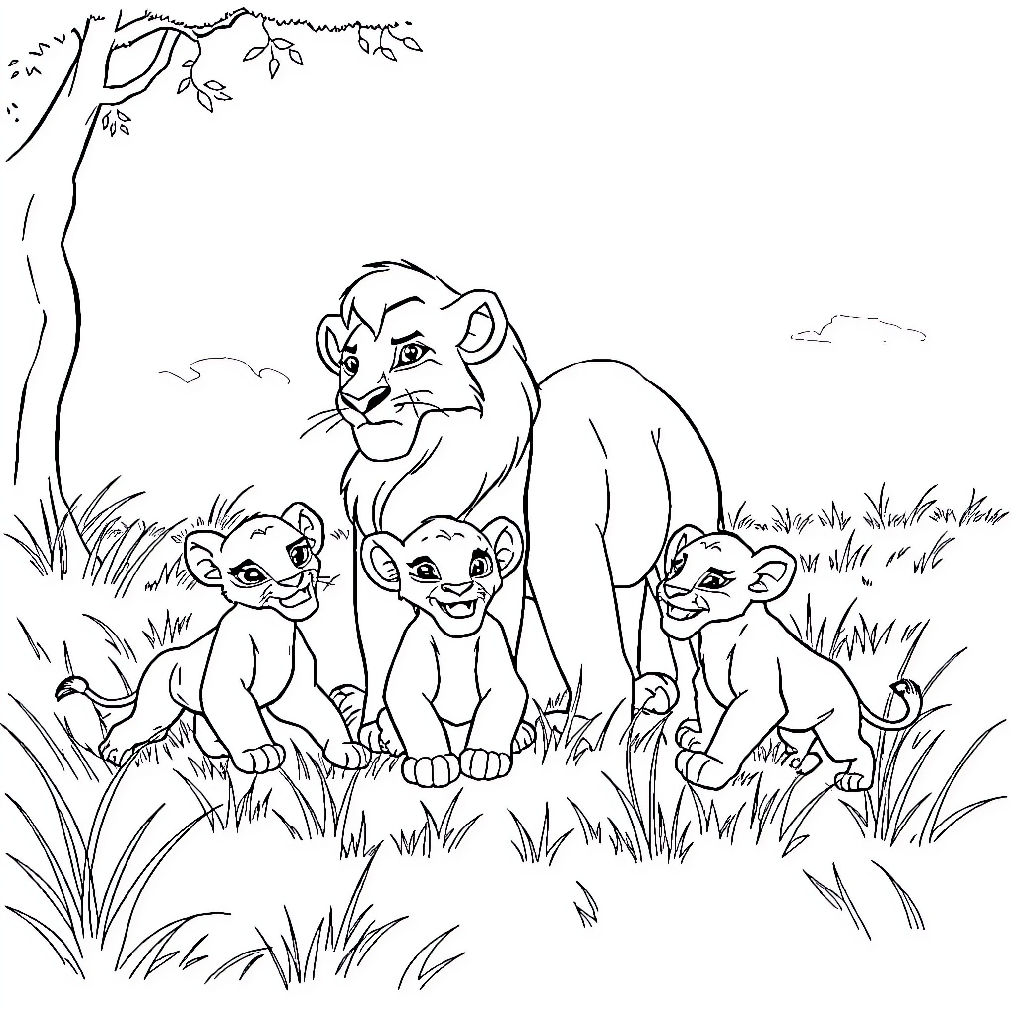 Cub lion family in the wild Coloring Page (free black-and-white line drawing printable PDF for all, from beginners to advanced learners, including children, teens, adults, and seniors)