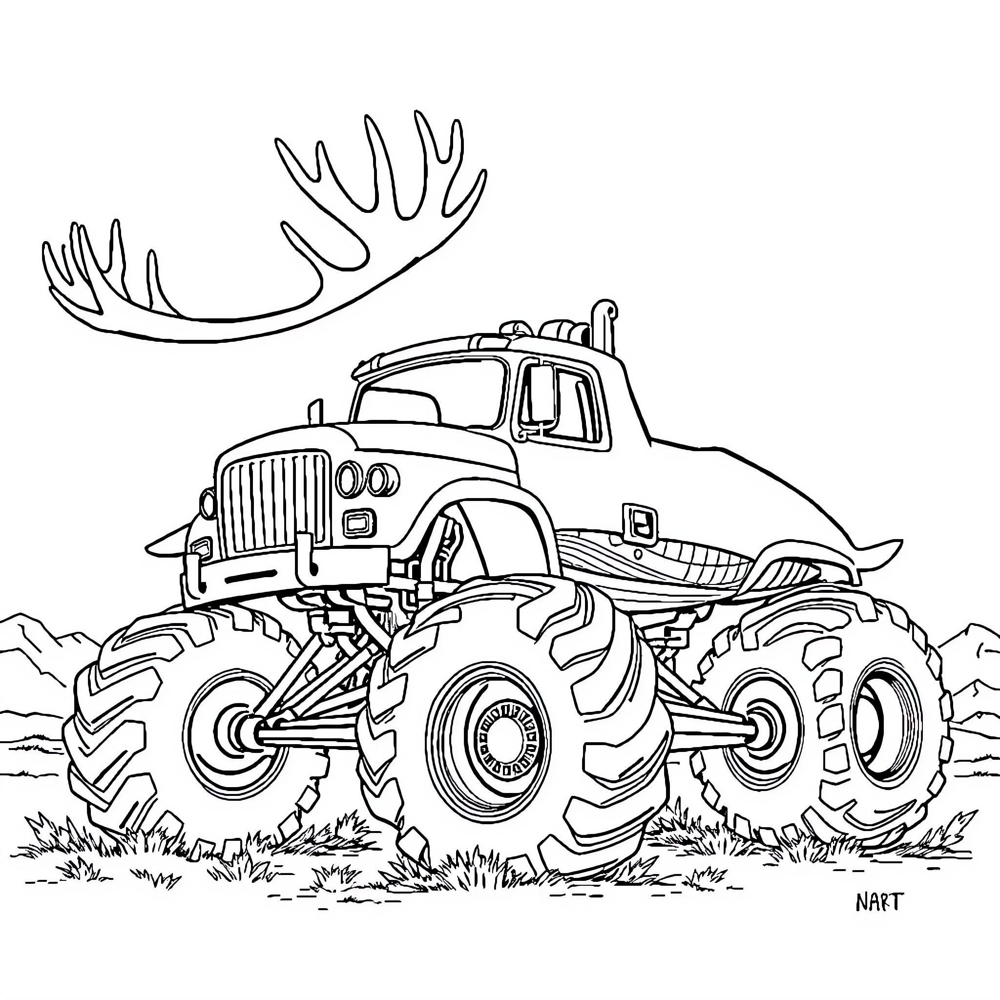 Monster Truck Crushing Through the Terrain Coloring Page (free black-and-white line drawing printable PDF for all, from beginners to advanced learners, including children, teens, adults, and seniors)