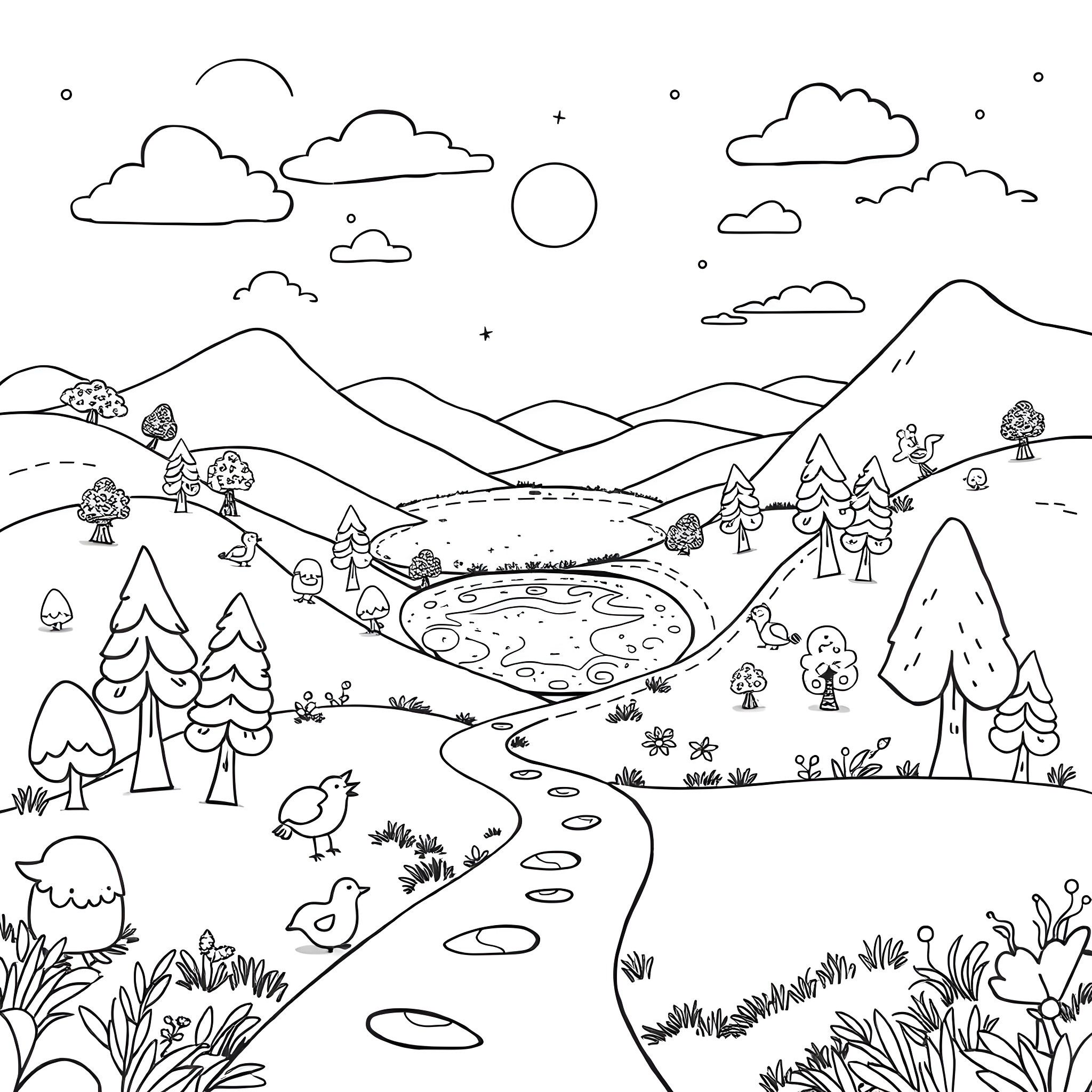 Labubu's Scenic Adventure in the Mountains Coloring Page (free black-and-white line drawing printable PDF for all, from beginners to advanced learners, including children, teens, adults, and seniors)