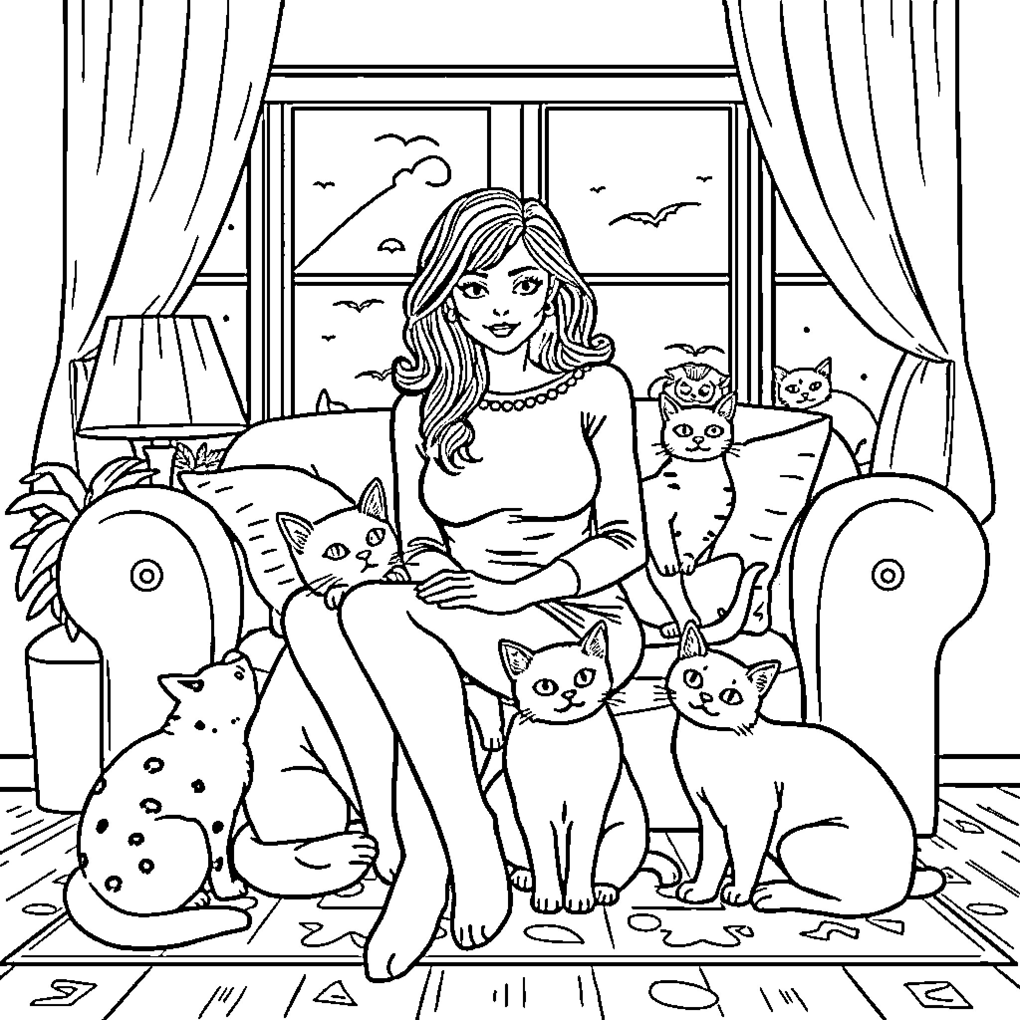 Cat Owner Surrounded by Feline Friends Coloring Page (free black-and-white line drawing printable PDF for all, from beginners to advanced learners, including children, teens, adults, and seniors)