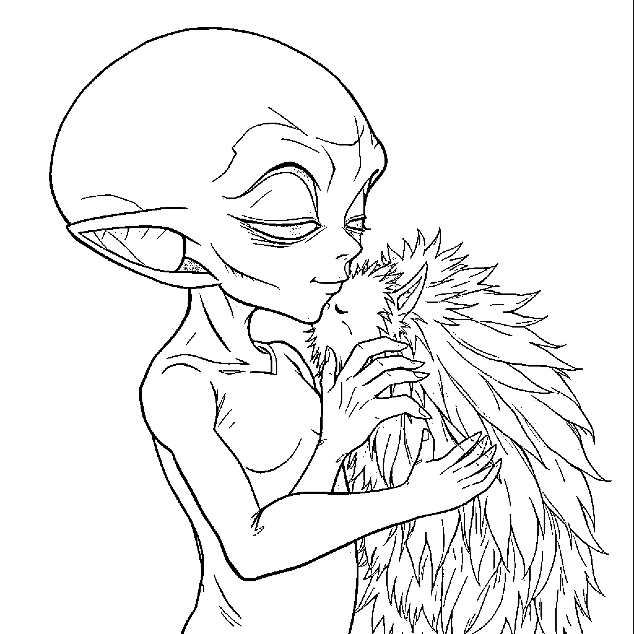 Alien being embracing a strange creature Coloring Page (free black-and-white line drawing printable PDF for all, from beginners to advanced learners, including children, teens, adults, and seniors)