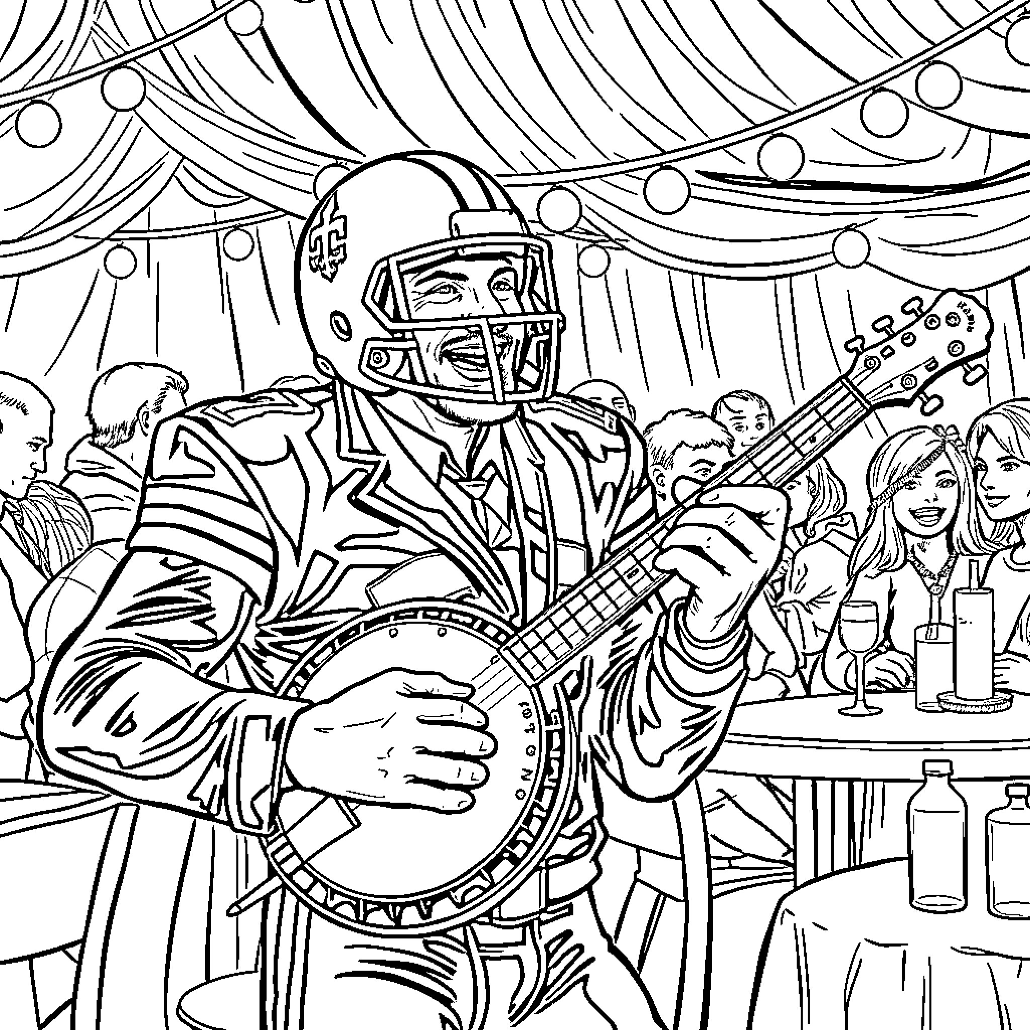 Football Player Entertaining Crowd with Musical Performance Coloring Page (free black-and-white line drawing printable PDF for all, from beginners to advanced learners, including children, teens, adults, and seniors)