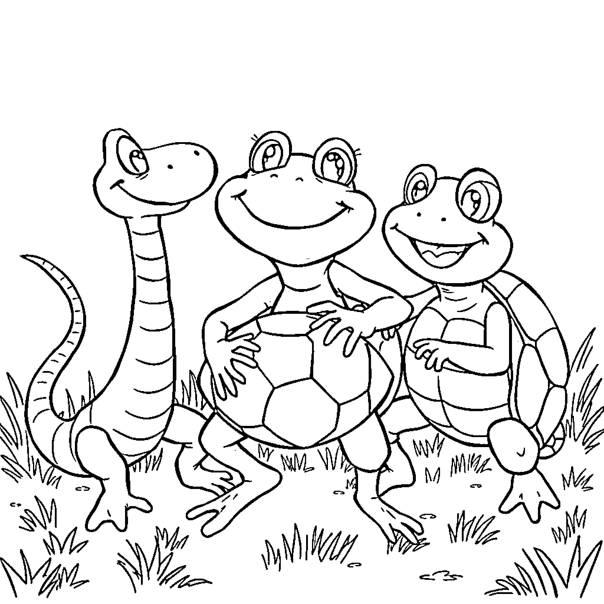 Snake and Cheerful Frogs in the Grass Coloring Page (free black-and-white line drawing printable PDF for all, from beginners to advanced learners, including children, teens, adults, and seniors)