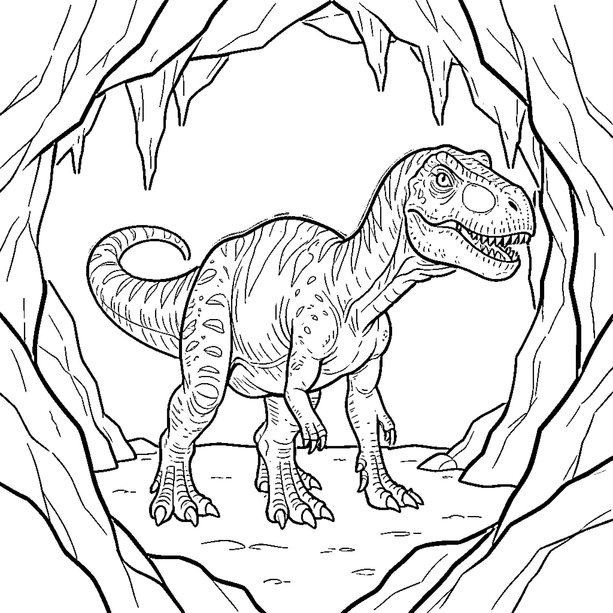Dinosaur walking through a rocky cave entrance Coloring Page (free black-and-white line drawing printable PDF for all, from beginners to advanced learners, including children, teens, adults, and seniors)