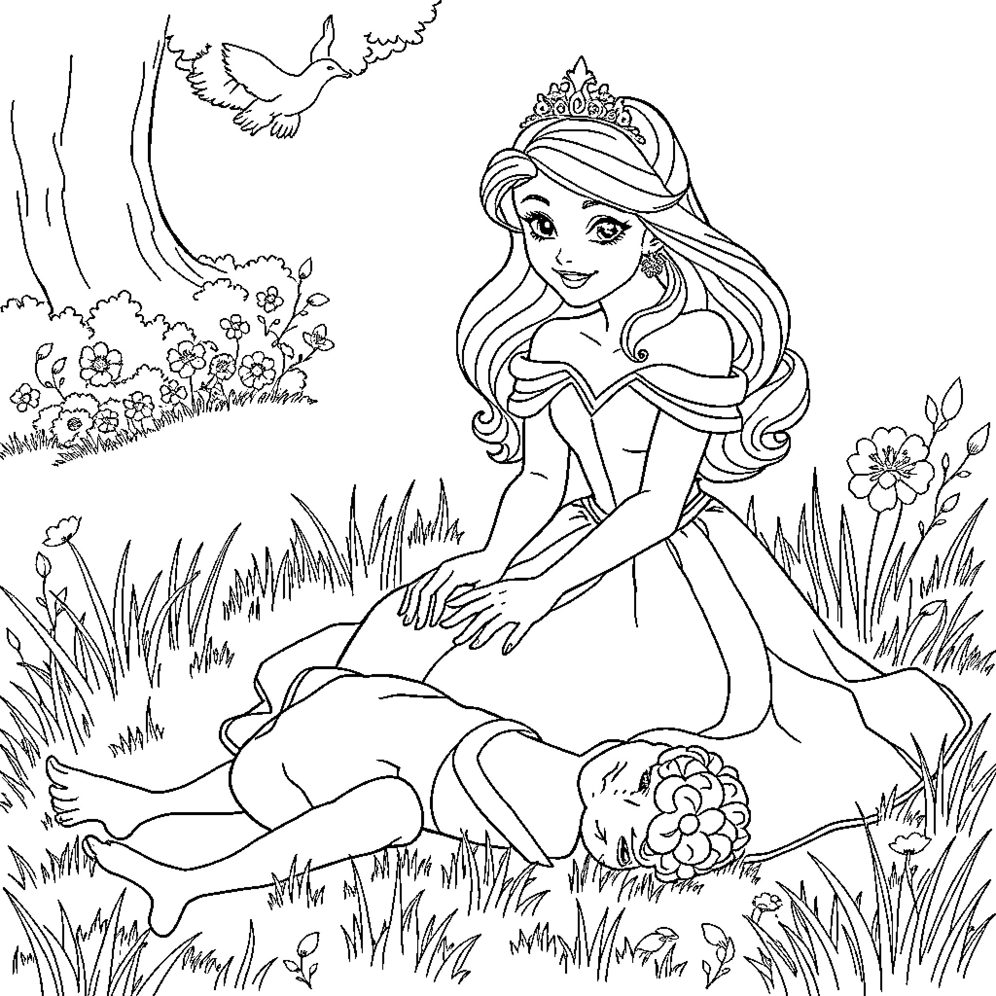 Princess enjoying nature's tranquility in a serene meadow Coloring Page (free black-and-white line drawing printable PDF for all, from beginners to advanced learners, including children, teens, adults, and seniors)