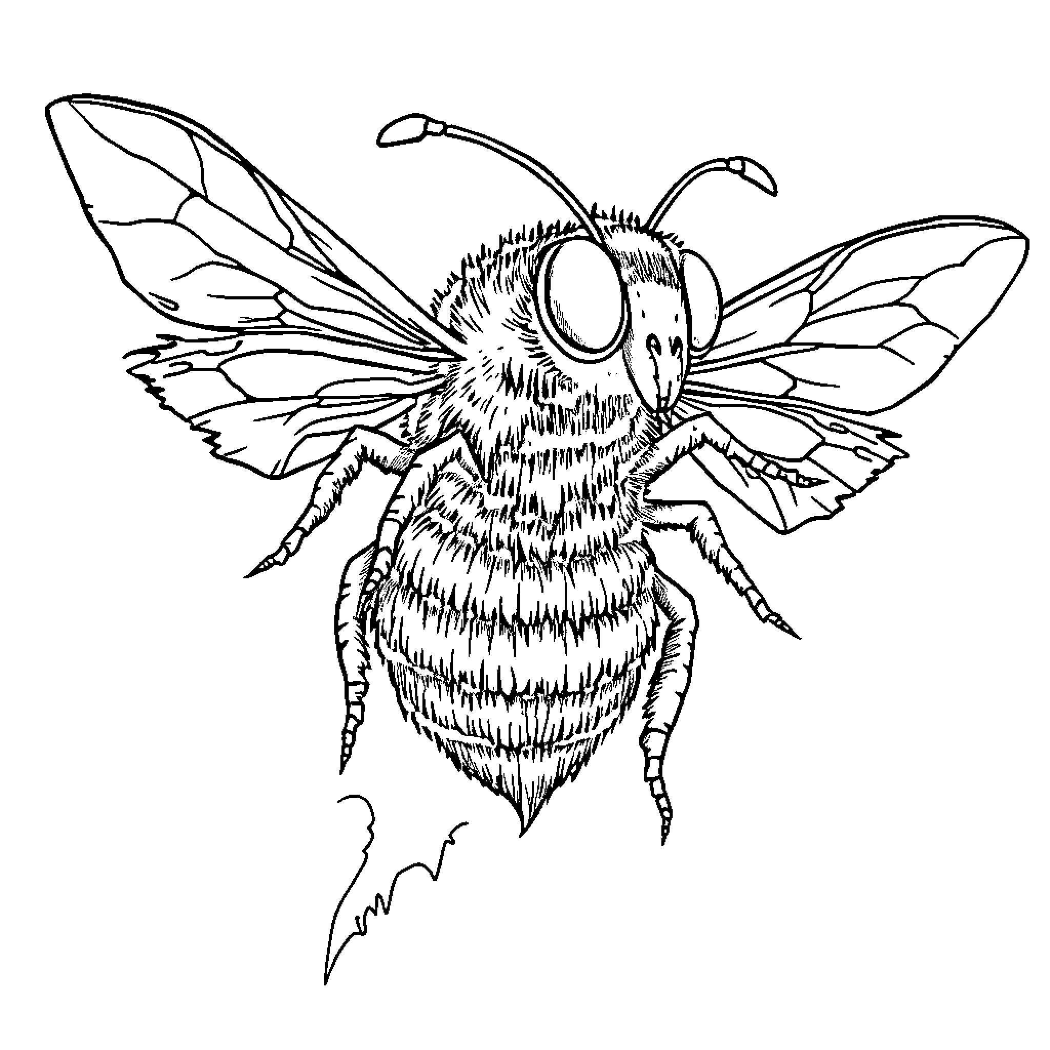 Zombie Bee in flight with detailed features Coloring Page (free black-and-white line drawing printable PDF for all, from beginners to advanced learners, including children, teens, adults, and seniors)