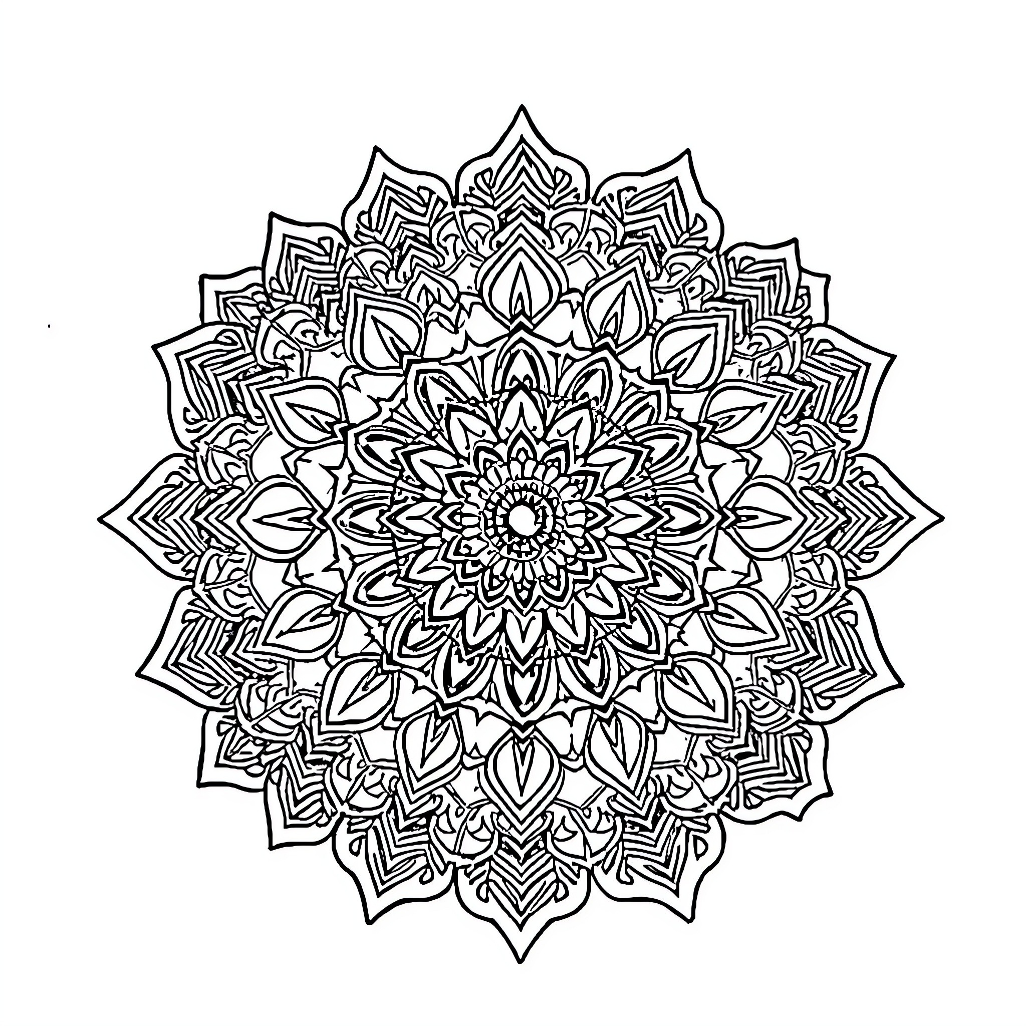 Mandala of intricate floral and geometric patterns Coloring Page (free black-and-white line drawing printable PDF for all, from beginners to advanced learners, including children, teens, adults, and seniors)