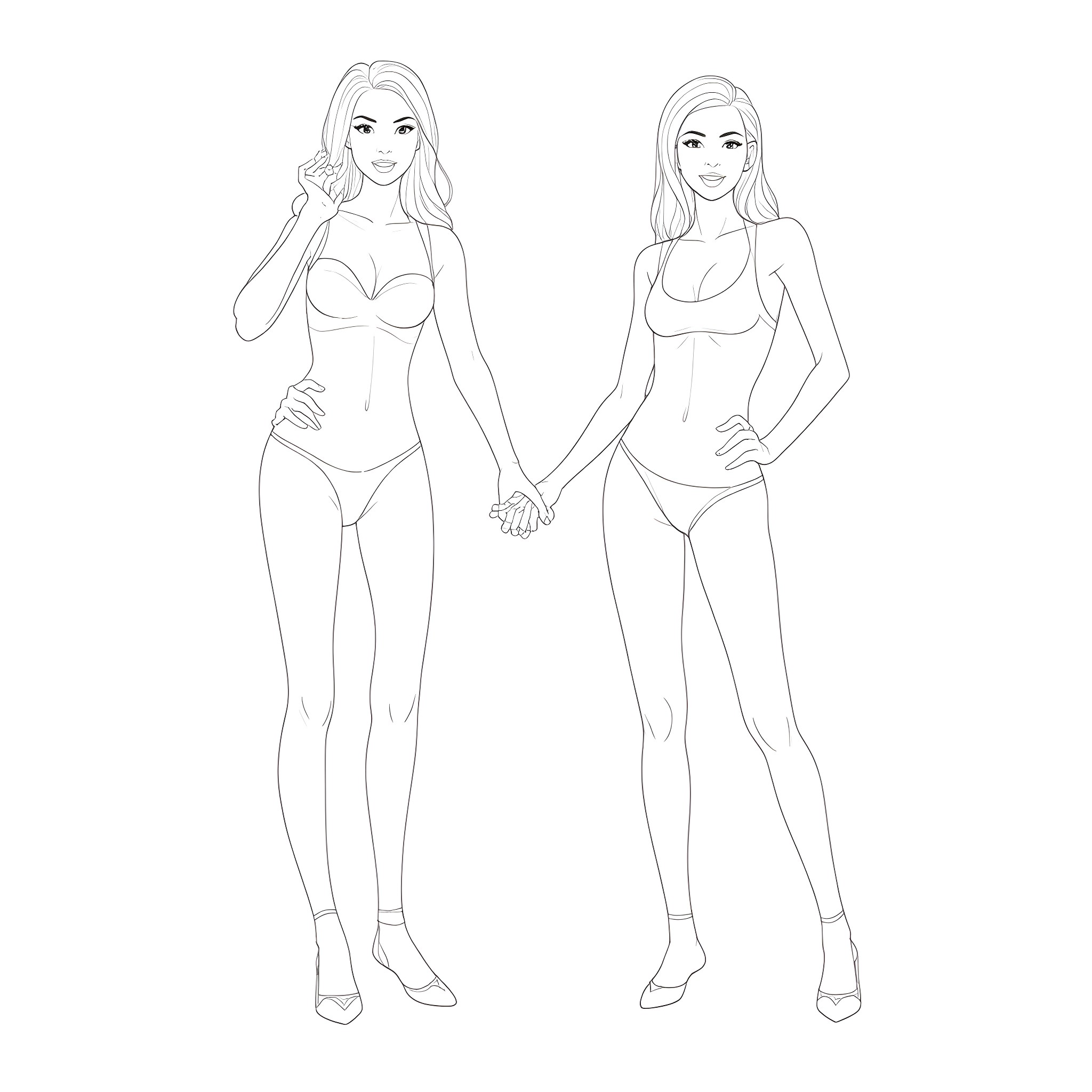 Model posing in stylish swimwear Coloring Page (free black-and-white line drawing printable PDF for all, from beginners to advanced learners, including children, teens, adults, and seniors)