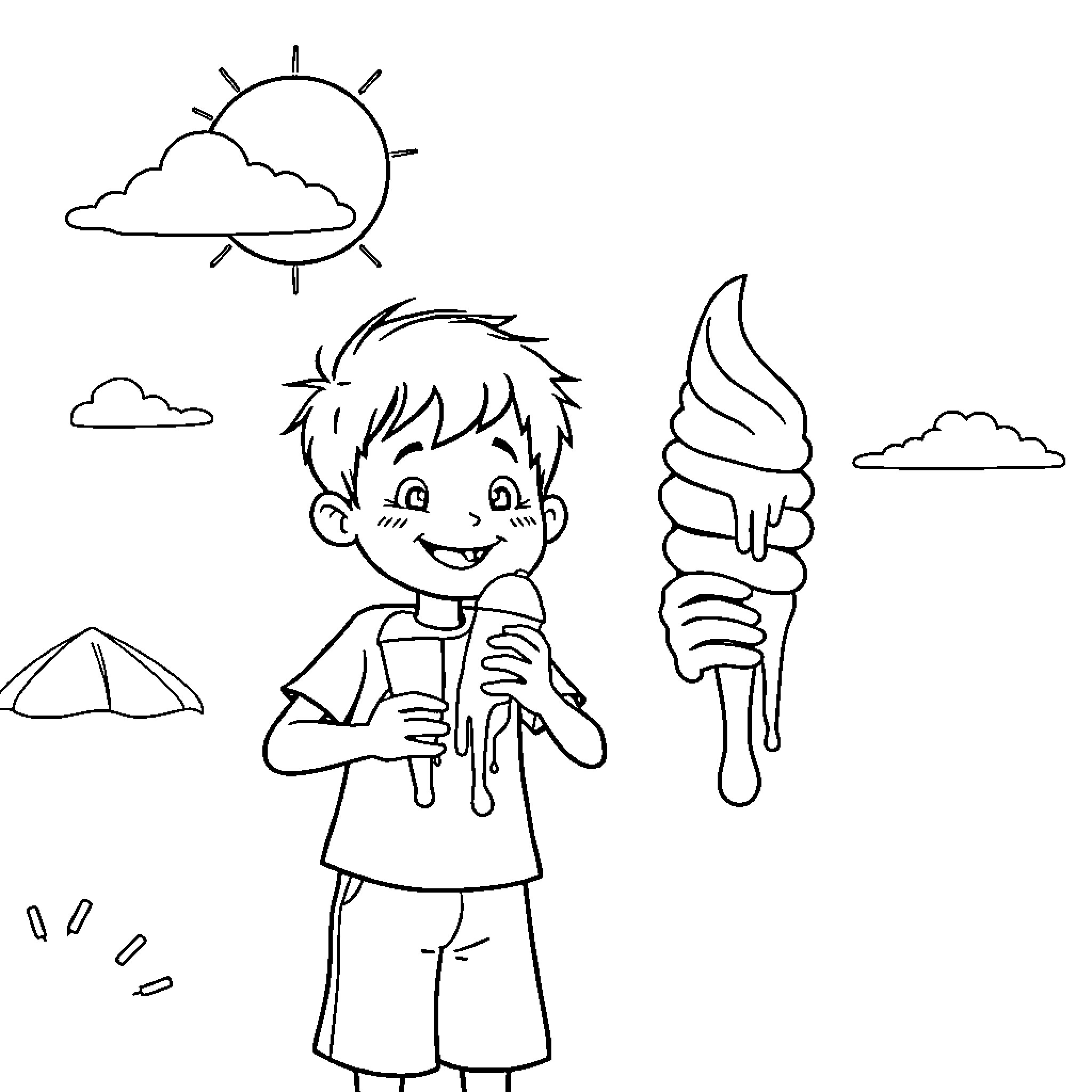 Boy enjoying ice cream on a sunny day Coloring Page (free black-and-white line drawing printable PDF for all, from beginners to advanced learners, including children, teens, adults, and seniors)