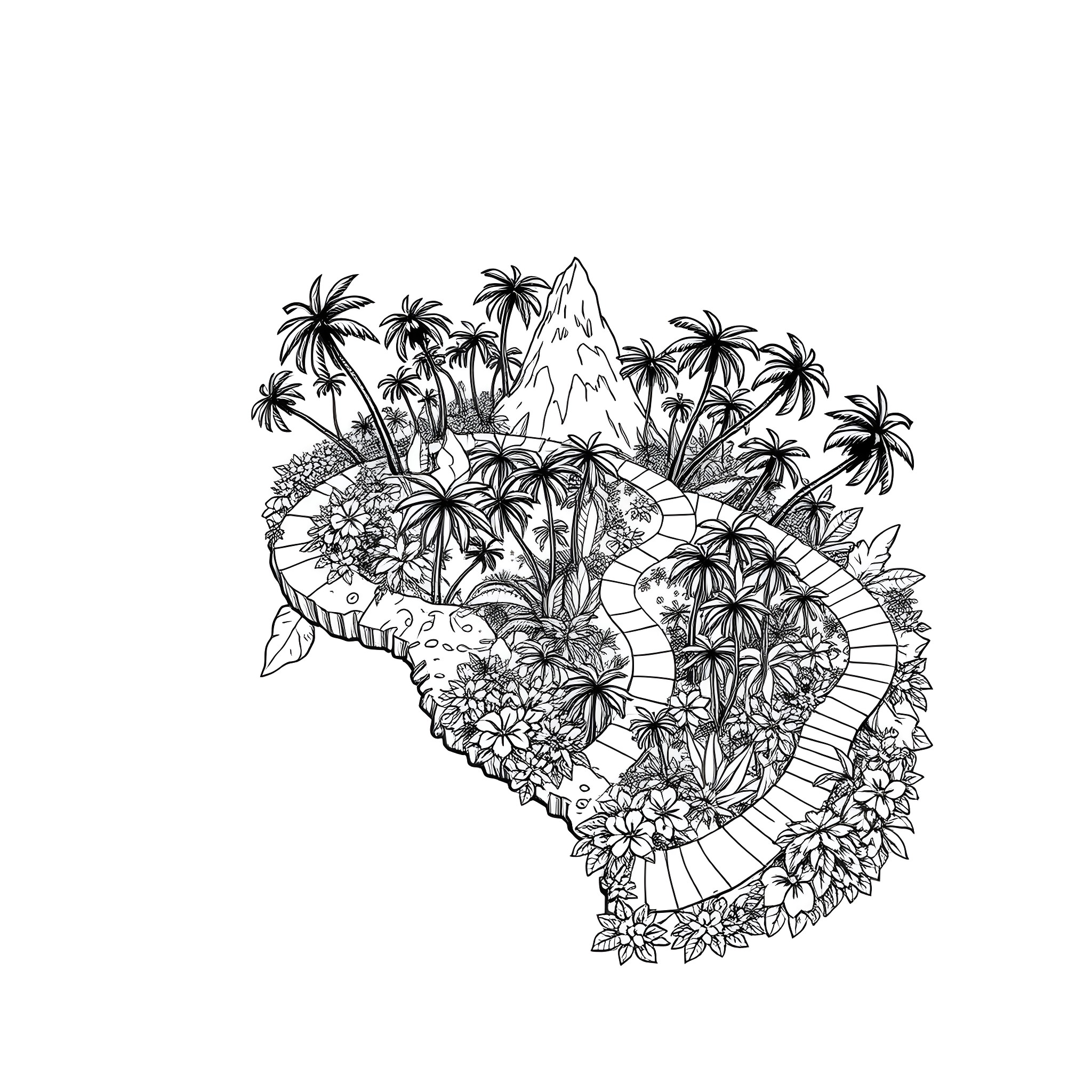 Island filled with tropical landscapes and vegetation Coloring Page (free black-and-white line drawing printable PDF for all, from beginners to advanced learners, including children, teens, adults, and seniors)