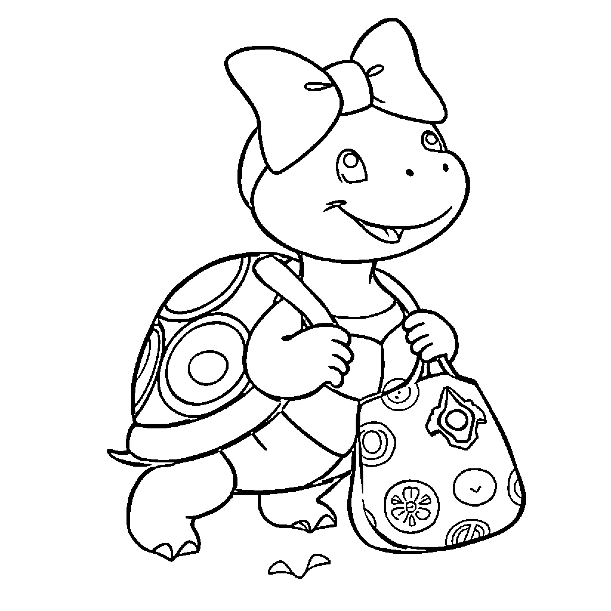 Turtle carrying a colorful bag Coloring Page (free black-and-white line drawing printable PDF for all, from beginners to advanced learners, including children, teens, adults, and seniors)