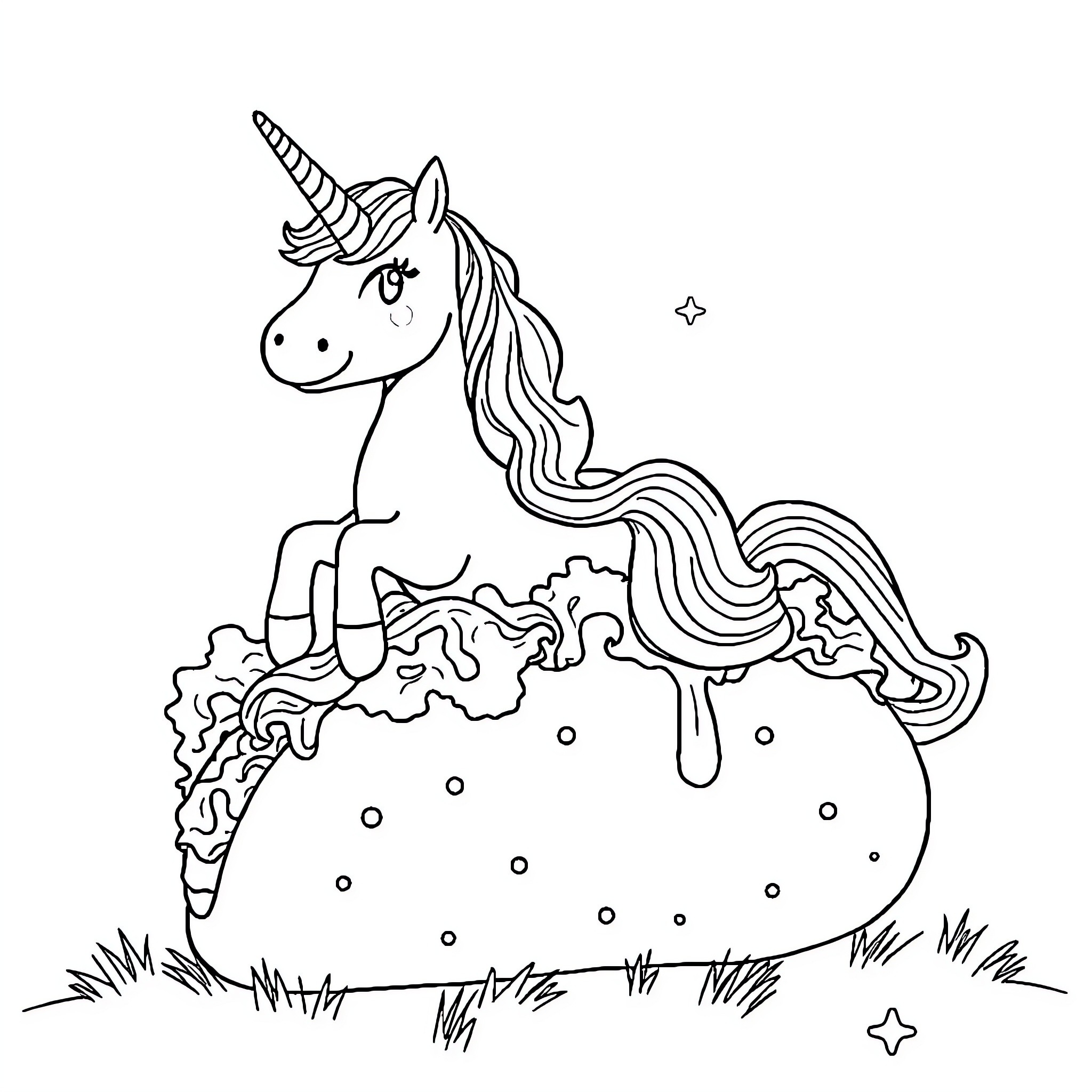 Unicorn prancing happily in a whimsical field Coloring Page (free black-and-white line drawing printable PDF for all, from beginners to advanced learners, including children, teens, adults, and seniors)