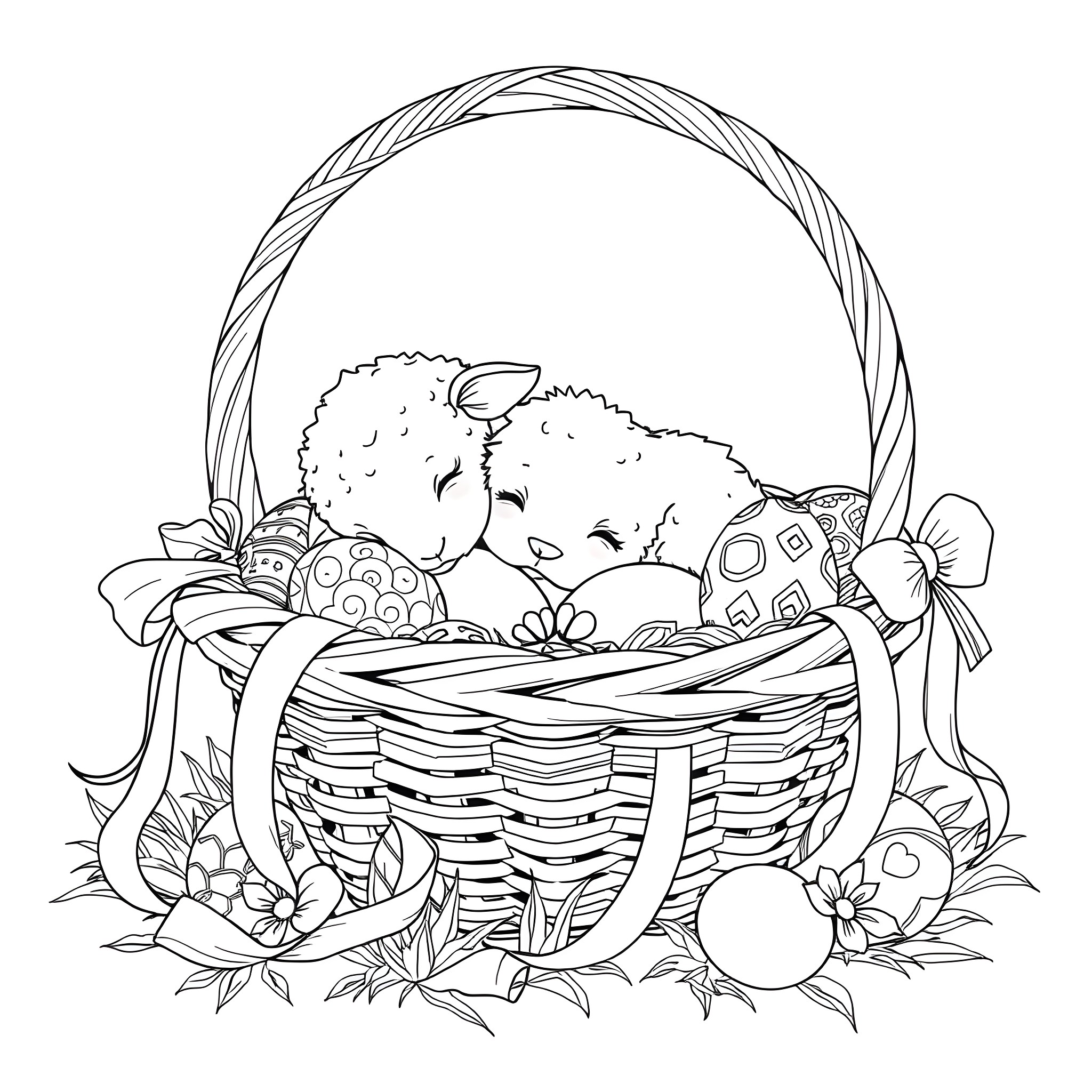 Lamb resting peacefully in a decorated Easter basket Coloring Page (free black-and-white line drawing printable PDF for all, from beginners to advanced learners, including children, teens, adults, and seniors)