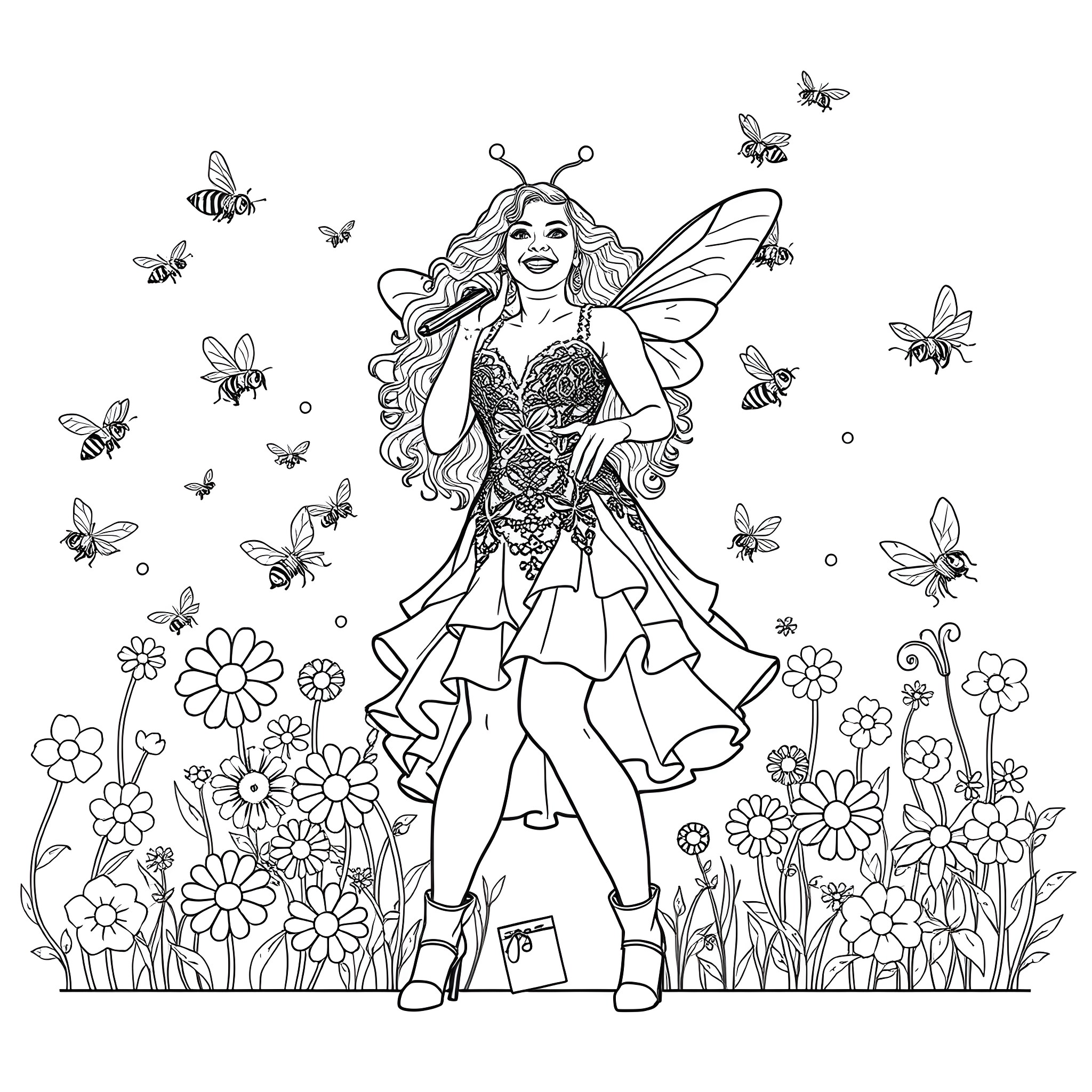 Beyonce as a Whimsical Fairy in a Flower Field Coloring Page (free black-and-white line drawing printable PDF for all, from beginners to advanced learners, including children, teens, adults, and seniors)