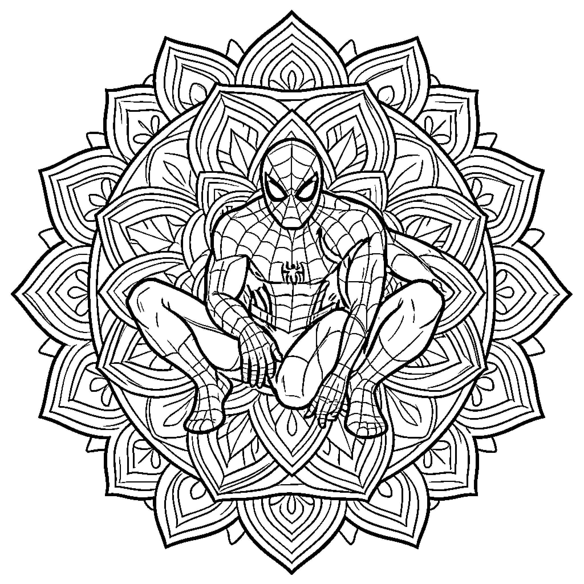 Spiderman crouching in a meditative mandala pose Coloring Page (free black-and-white line drawing printable PDF for all, from beginners to advanced learners, including children, teens, adults, and seniors)