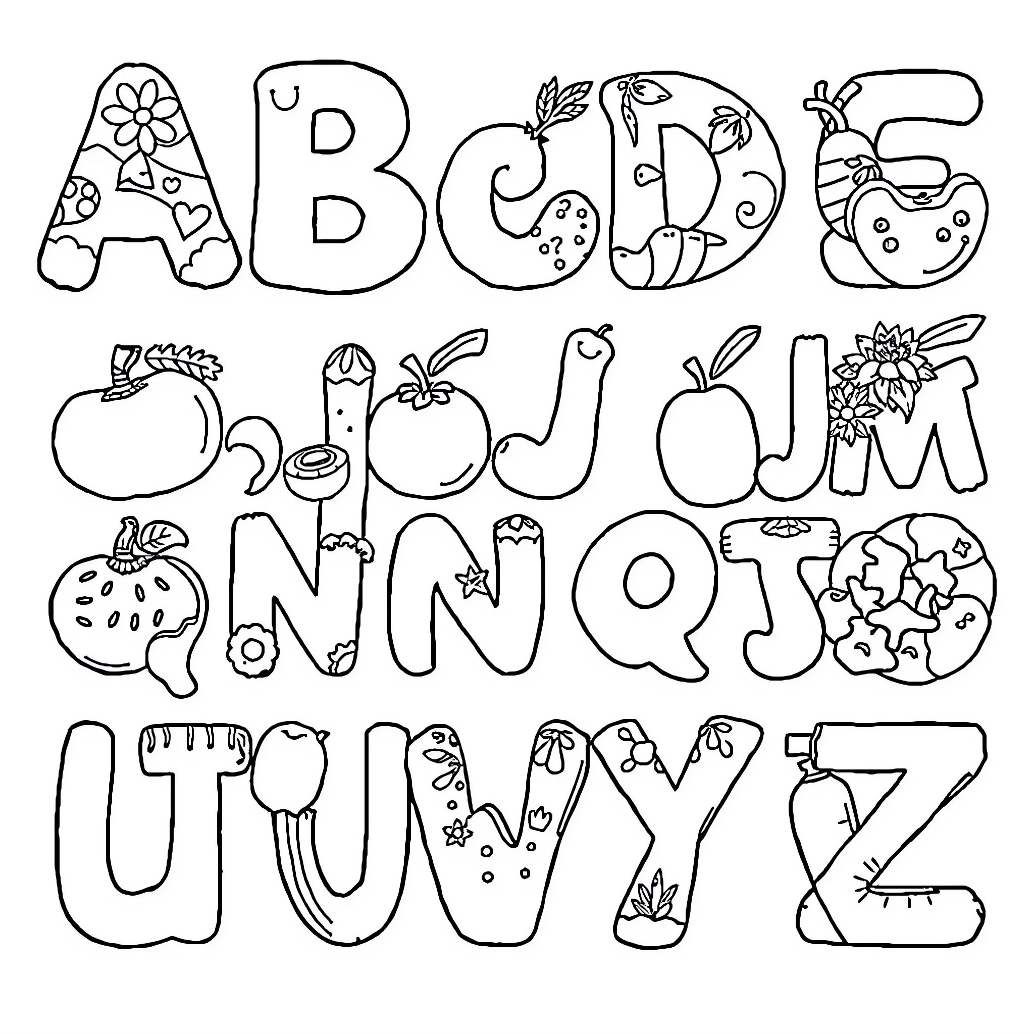 Alphabet with playful, nature-inspired illustrations Coloring Page (free black-and-white line drawing printable PDF for all, from beginners to advanced learners, including children, teens, adults, and seniors)