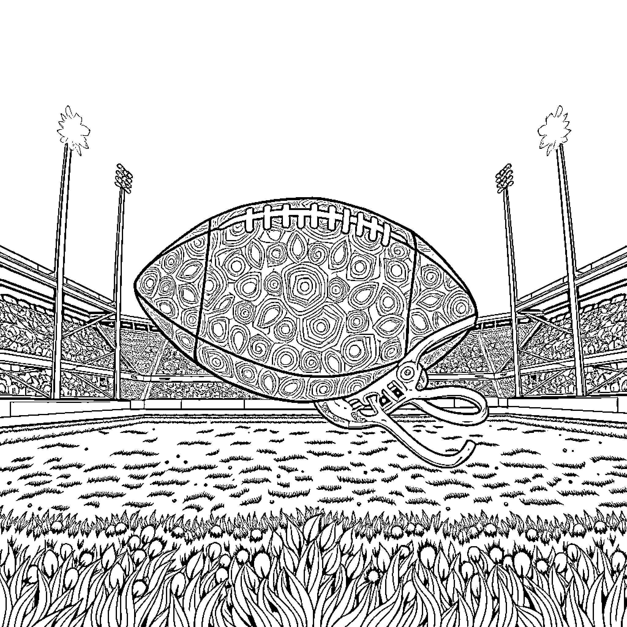 Football stadium with abstract field and ball Coloring Page (free black-and-white line drawing printable PDF for all, from beginners to advanced learners, including children, teens, adults, and seniors)