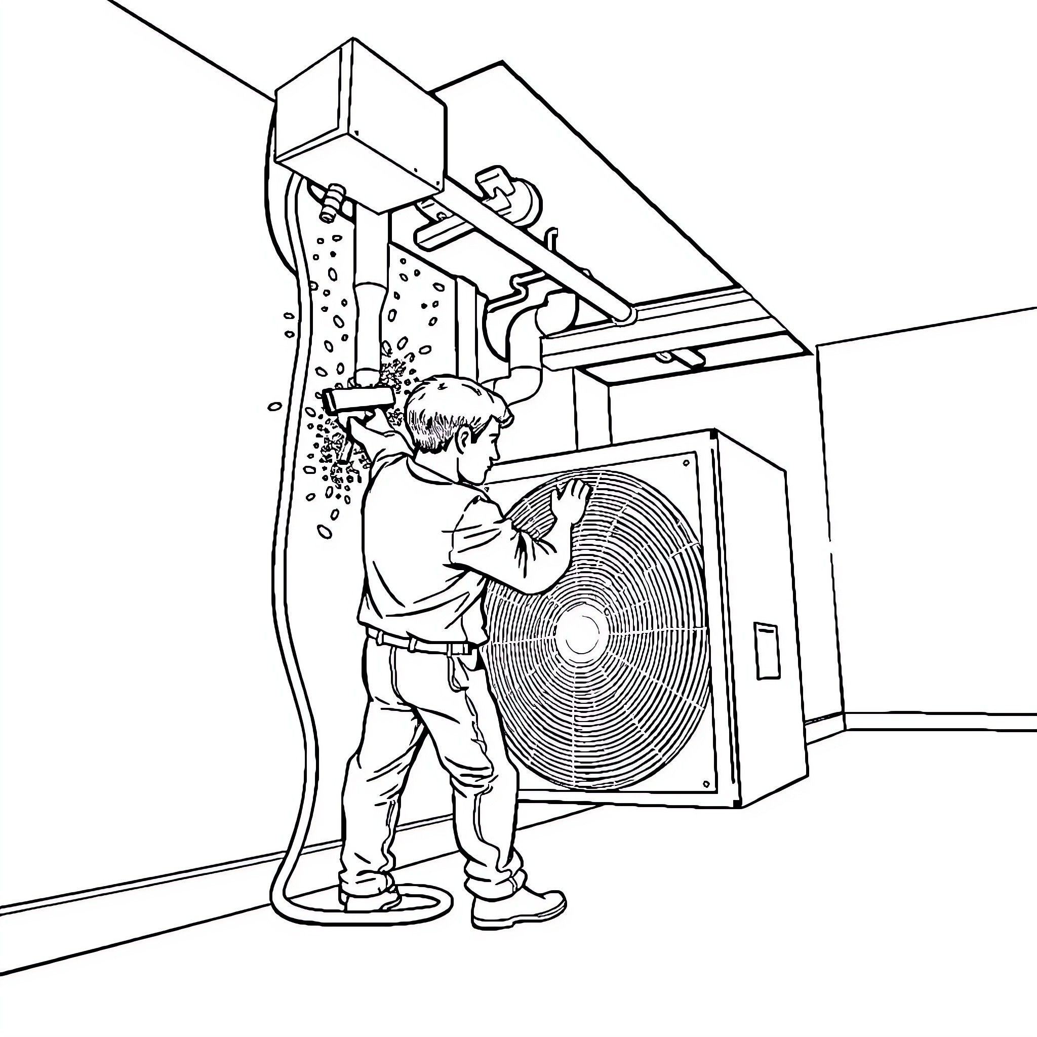 Guy repairing air conditioning unit in room Coloring Page (free black-and-white line drawing printable PDF for all, from beginners to advanced learners, including children, teens, adults, and seniors)