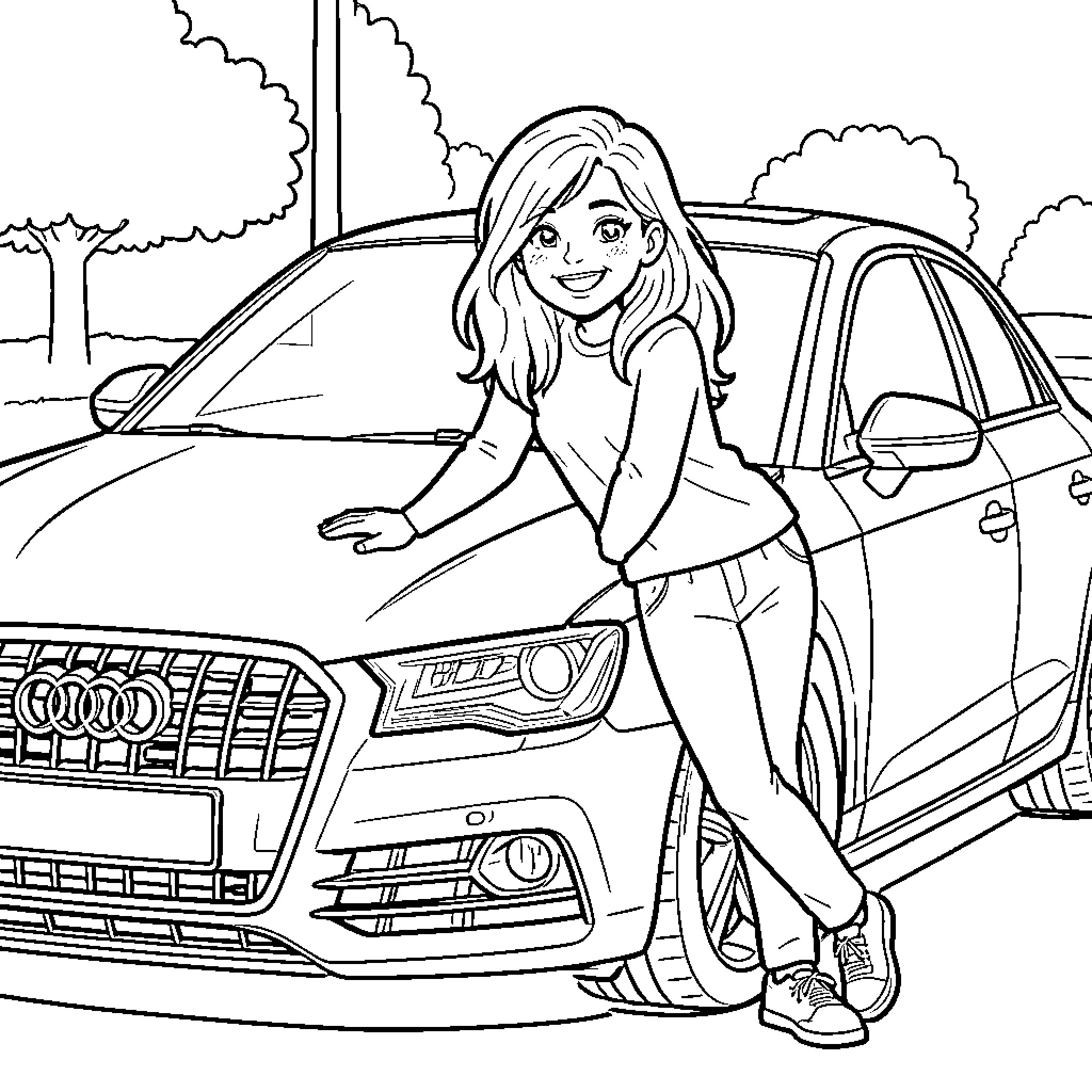 Chica sitting by her car in the park Coloring Page (free black-and-white line drawing printable PDF for all, from beginners to advanced learners, including children, teens, adults, and seniors)