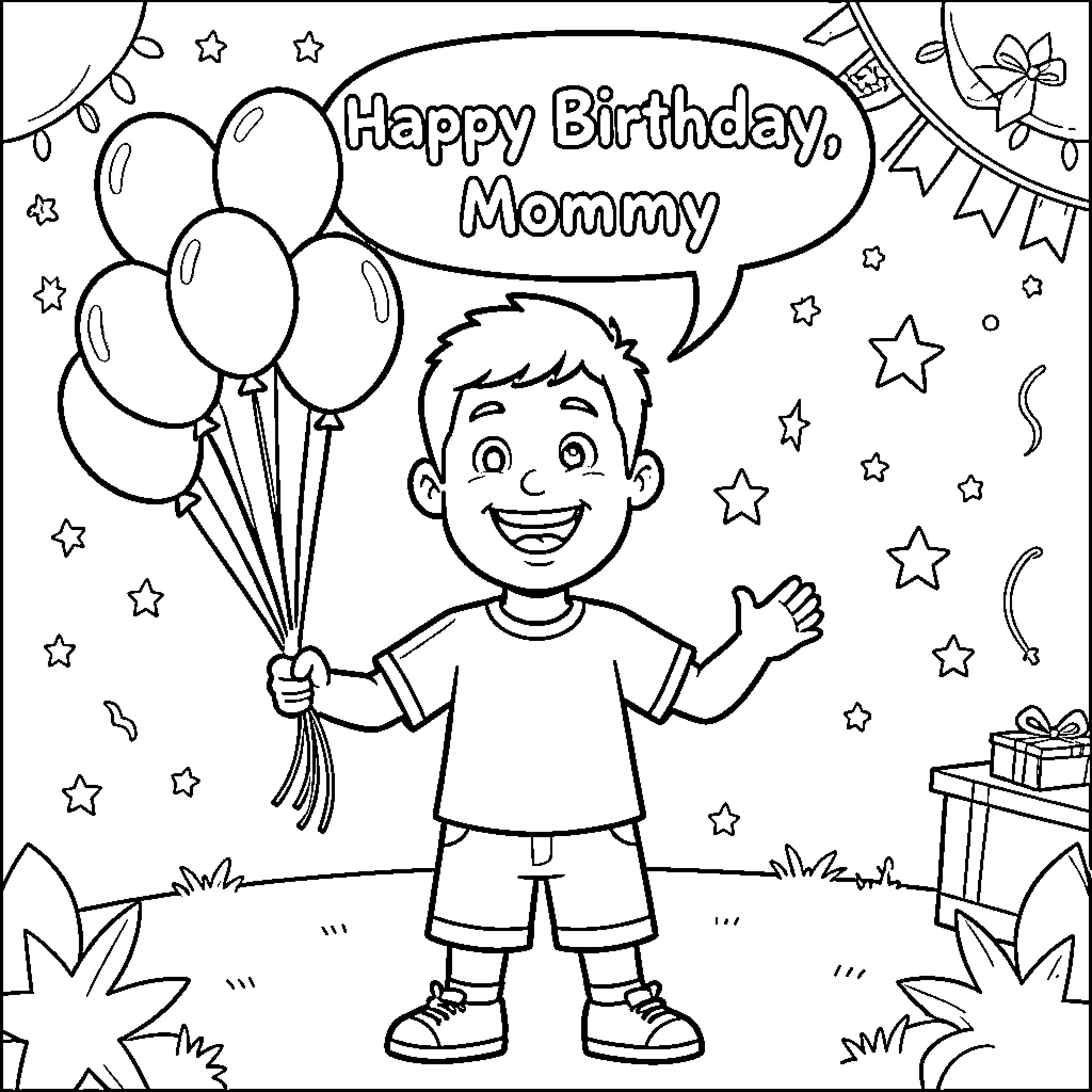 Blippi celebrates Happy Birthday with Mommy Coloring Page (free black-and-white line drawing printable PDF for all, from beginners to advanced learners, including children, teens, adults, and seniors)
