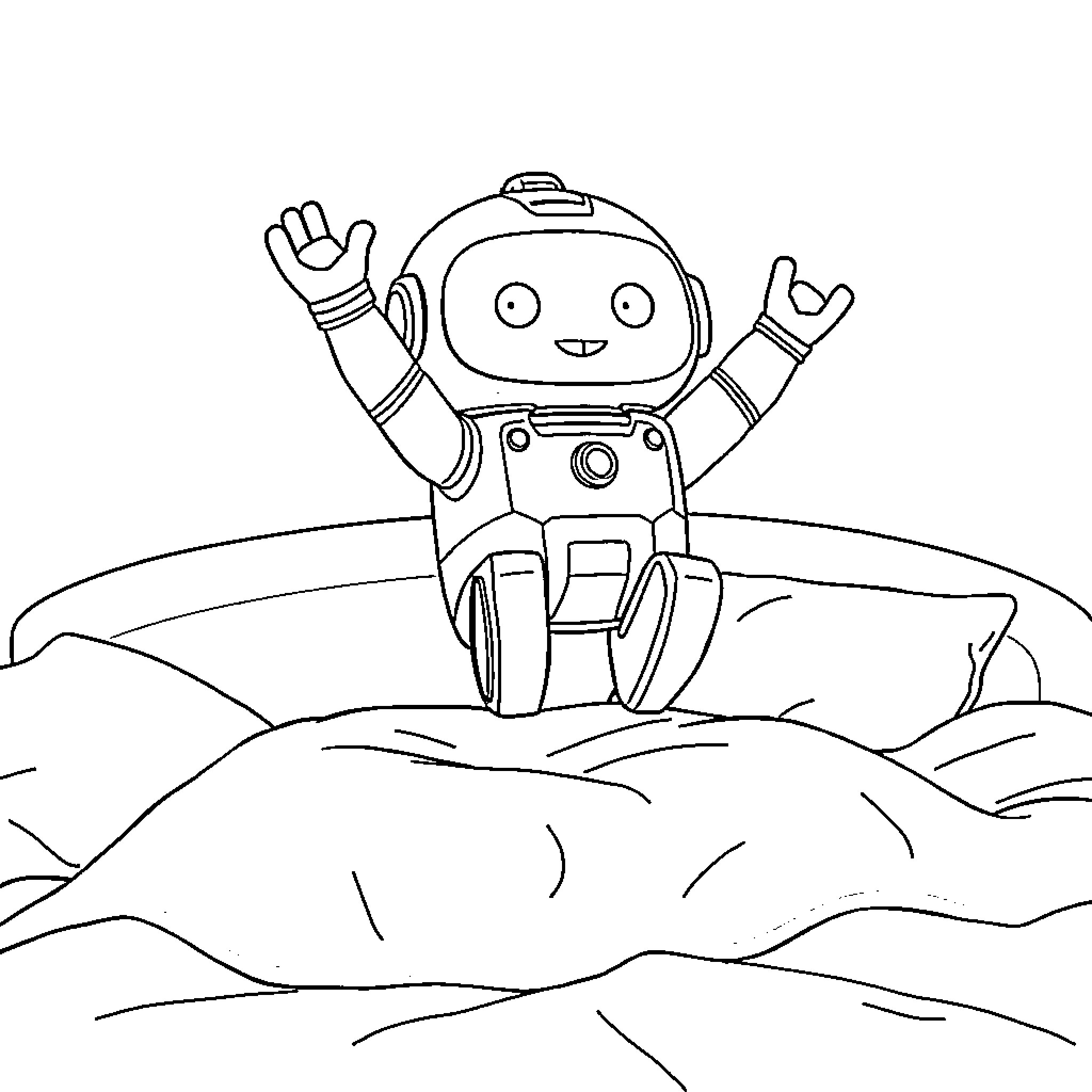 Robocar Poli exploring the landscape happily Coloring Page (free black-and-white line drawing printable PDF for all, from beginners to advanced learners, including children, teens, adults, and seniors)