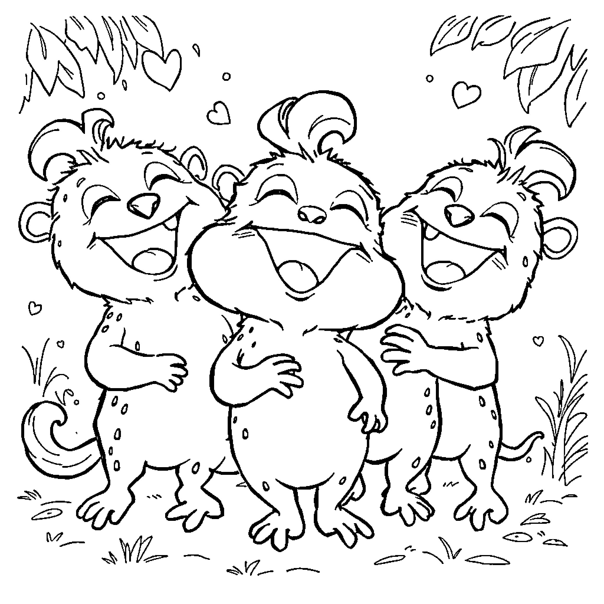 Labubu's Playful Trio: Cheerful Critters in Whimsical Attire Coloring Page (free black-and-white line drawing printable PDF for all, from beginners to advanced learners, including children, teens, adults, and seniors)