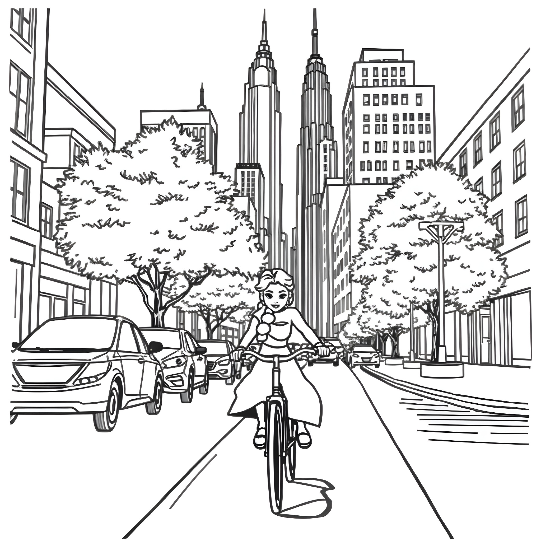 Elsa Exploring the City on Her Bicycle Coloring Page (free black-and-white line drawing printable PDF for all, from beginners to advanced learners, including children, teens, adults, and seniors)